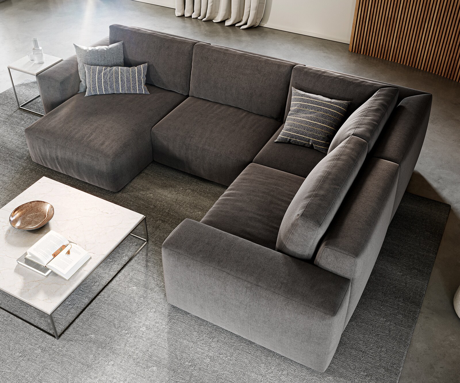 Grand canapé d’angle Lanzo 300x210 cm microfibre brun kaki méridienne réversible avec pouf 3