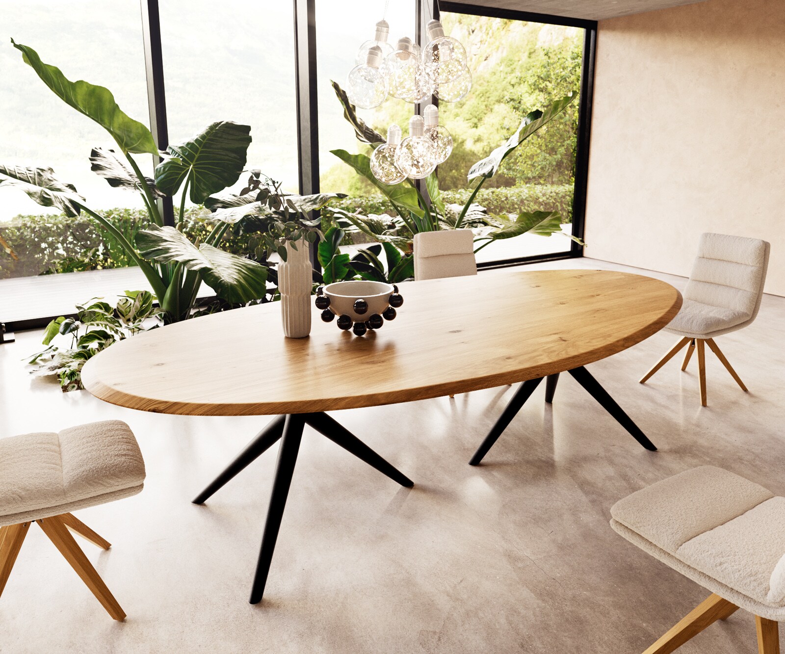 Table à manger Edge ovalee 280x130x2,5 chêne naturee Estelar rond métal noir Flow-Edge