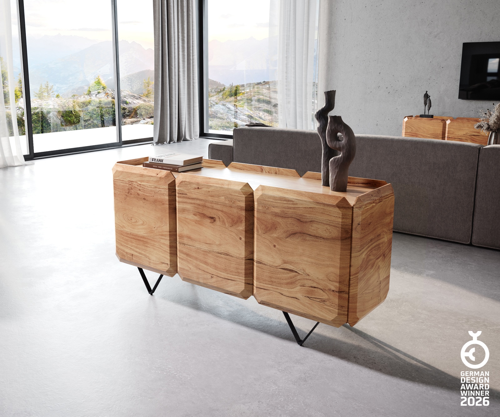 Buffet Kiano 145 cm Acacia Nature 3 Portes Pied en V Noir Séparateur de pièce