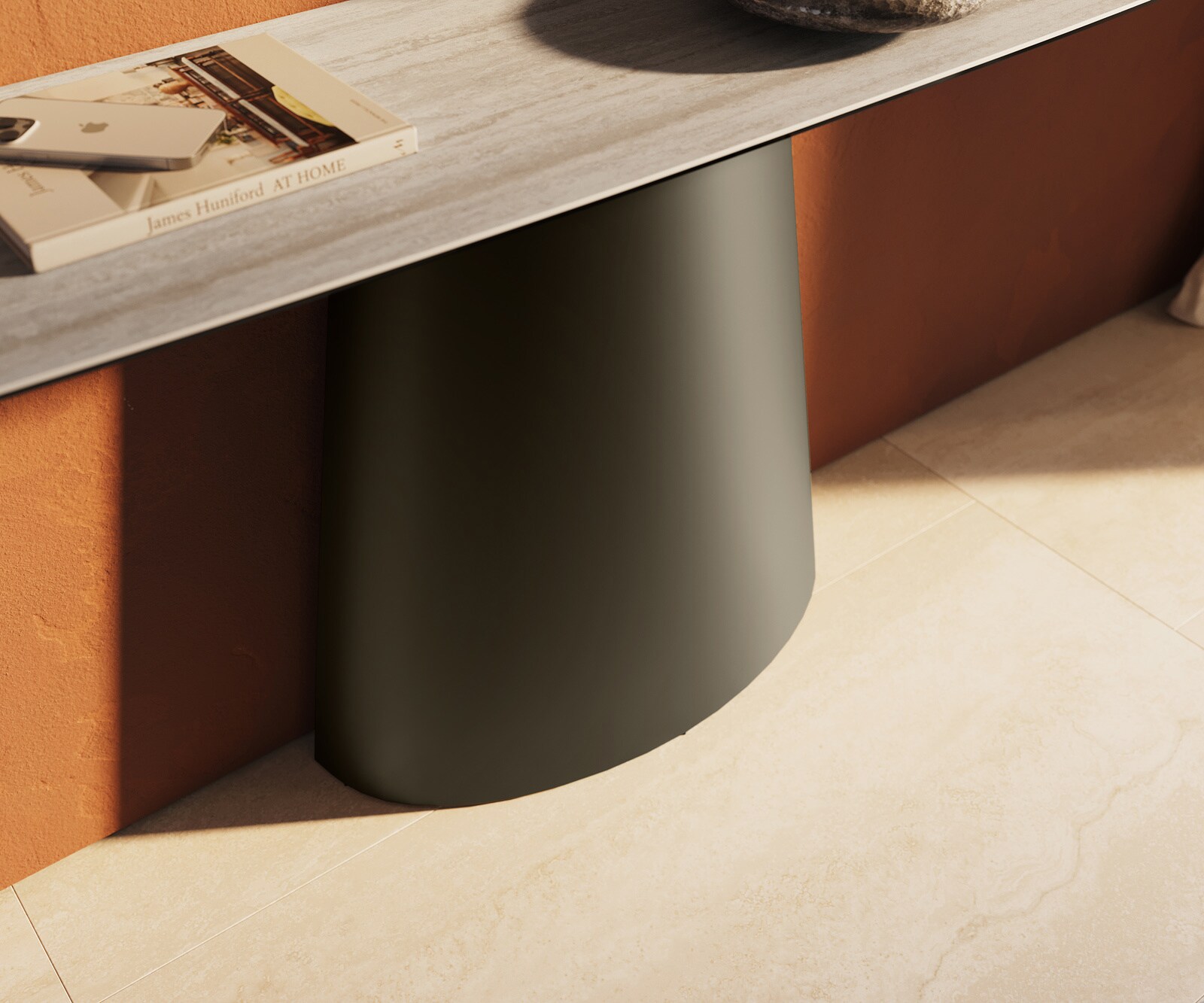 Console Edge forme bateau 180x40 cm Céramique Laminam® Travertino Bianco Creme-Weiß Conos Métal Effektfinish Titan 5