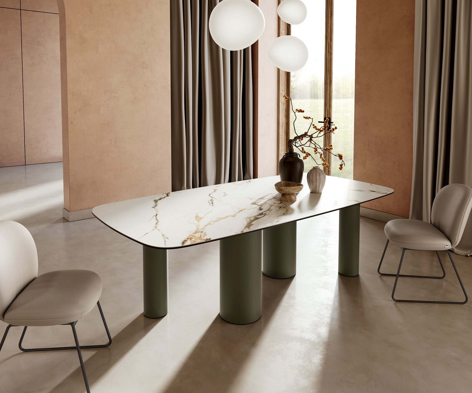 Table à manger Edge Boot 240x120cm céramique Calacatta Luxe blanc-doré-gris Pilier métal effet titane 1