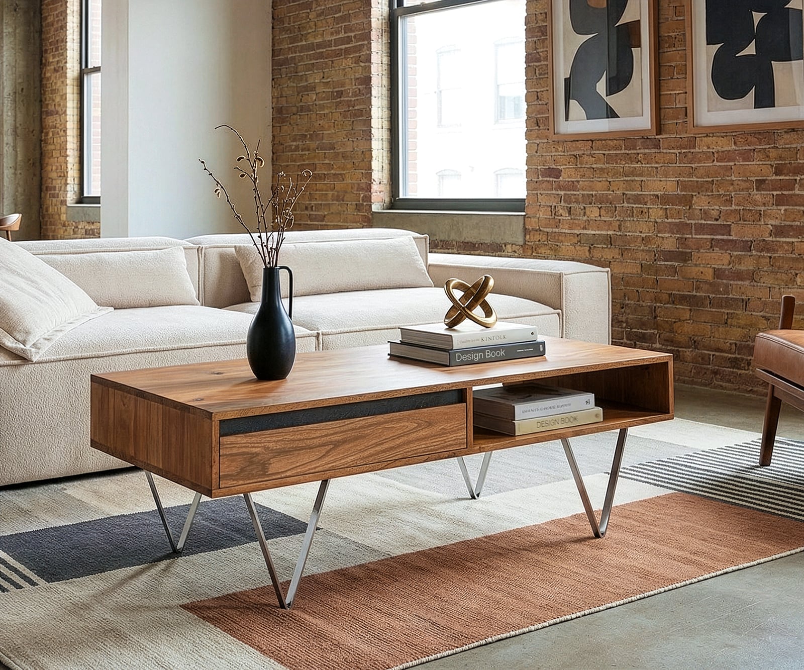 Table-basse Stonegrace 115x60x35 cm acacia naturel ardoise 2 tiroirs 1 compartiment 1
