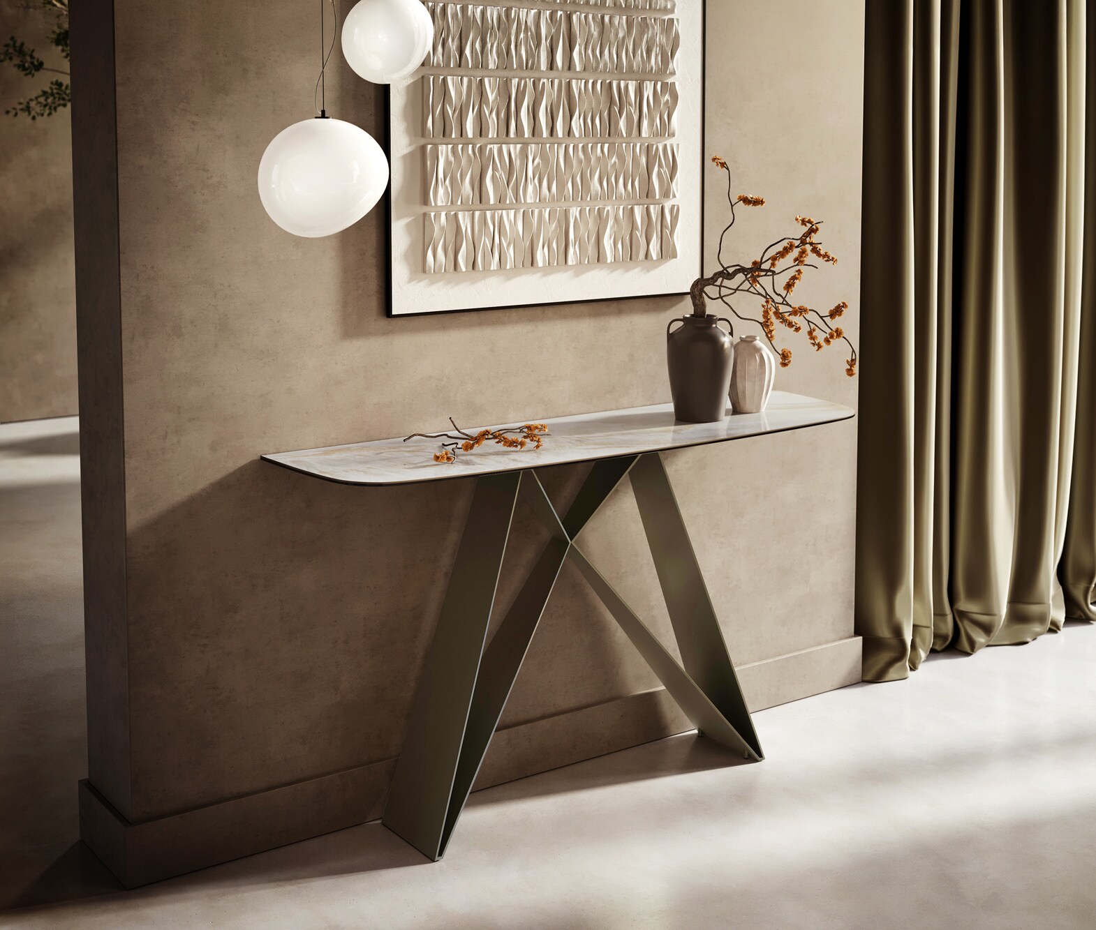 Console Edge forme bateau 140x40 cm Céramique Onyx Pearl Velio Métal Effektfinish Titan 4