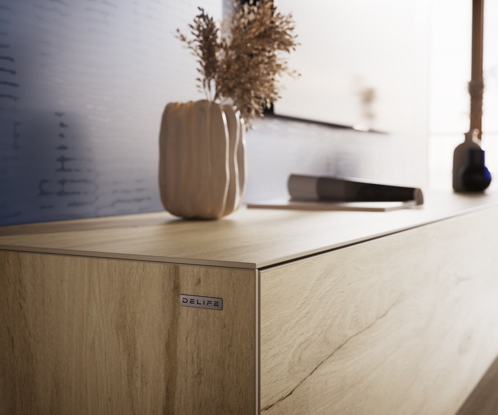 Meuble-TV Cuor 180 cm Céramique Laminam® Sabbia Teinte chêne 1 Clapet 2 Tiroirs Flottant 7