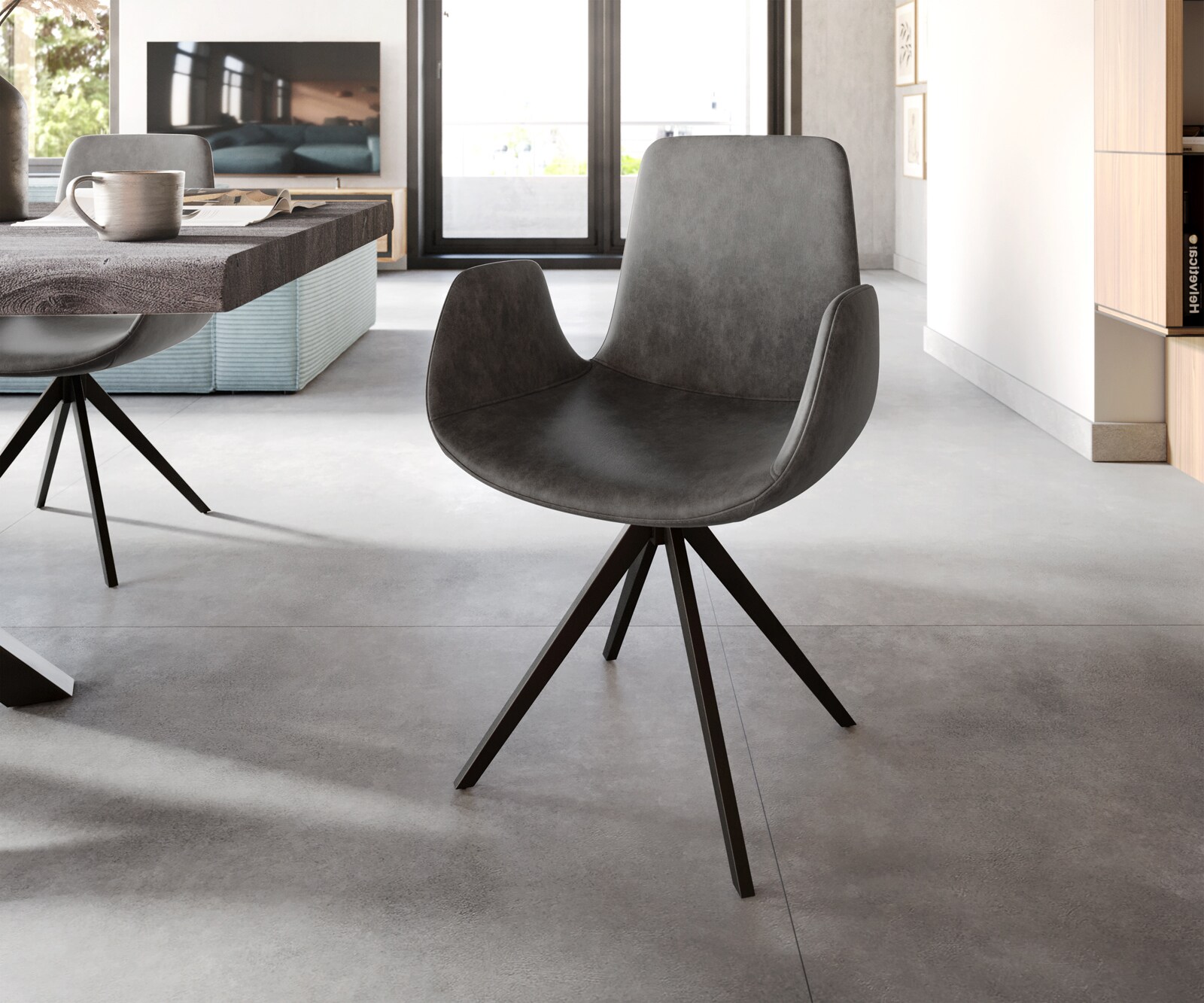 Chaise-de-salle-à-manger Ilia-Flex avec accoudoirs microvelours anthracite vintage pied croisé angulaire noir
