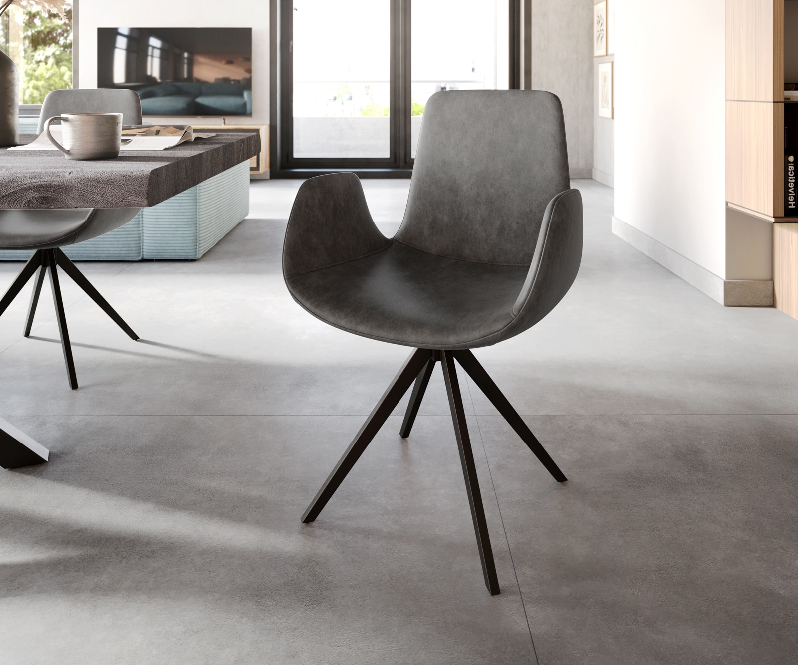 Chaise-de-salle-à-manger Ilia-Flex avec accoudoirs microvelours anthracite vintage pied croisé angulaire noir Chaise-de-salle-à-manger Ilia-Flex avec accoudoirs microvelours anthracite vintage pied croisé angulaire noir