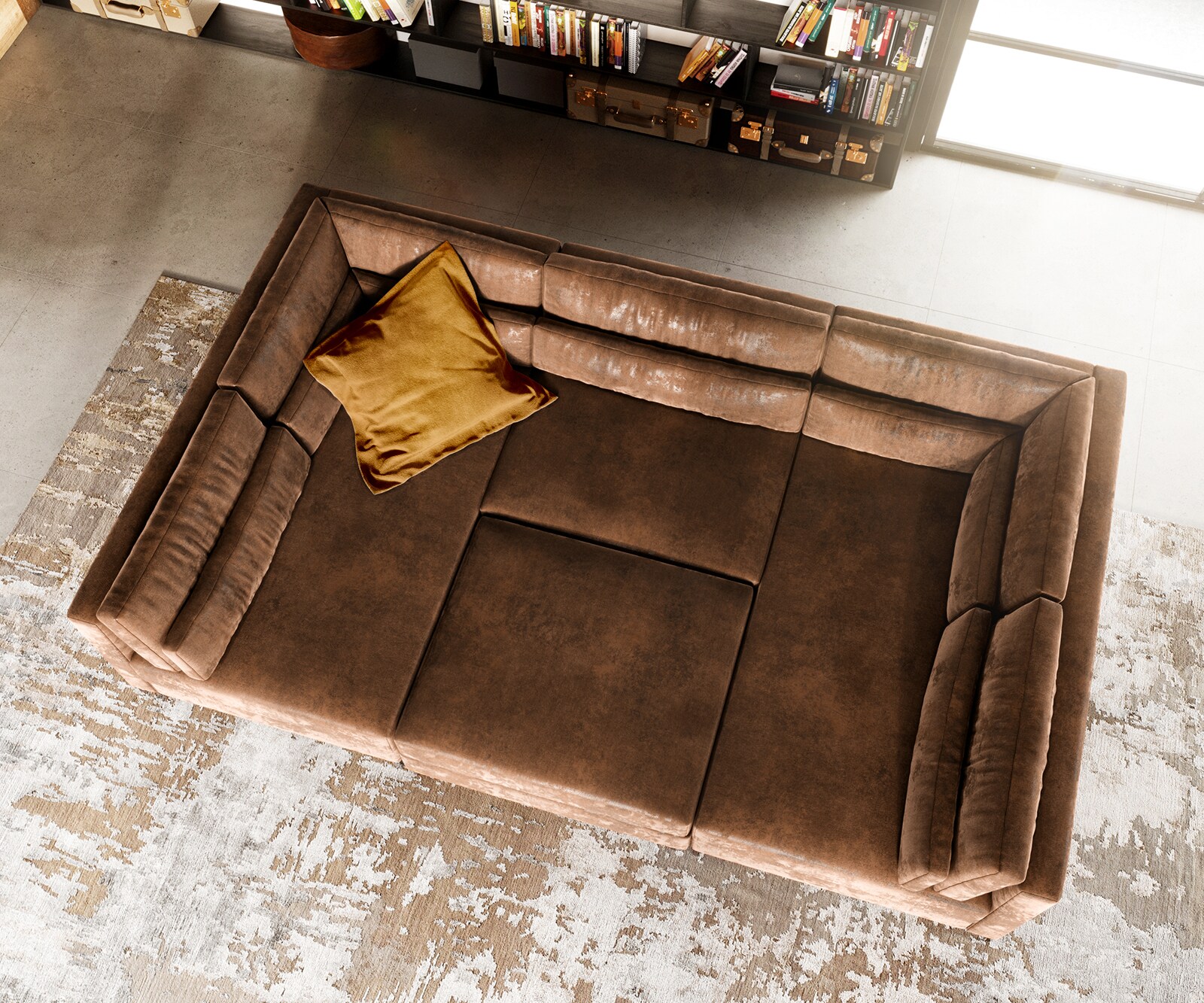 Canapé-panoramique Elio 300x185 cm simili cuir vintage marron antique avec pouf 6