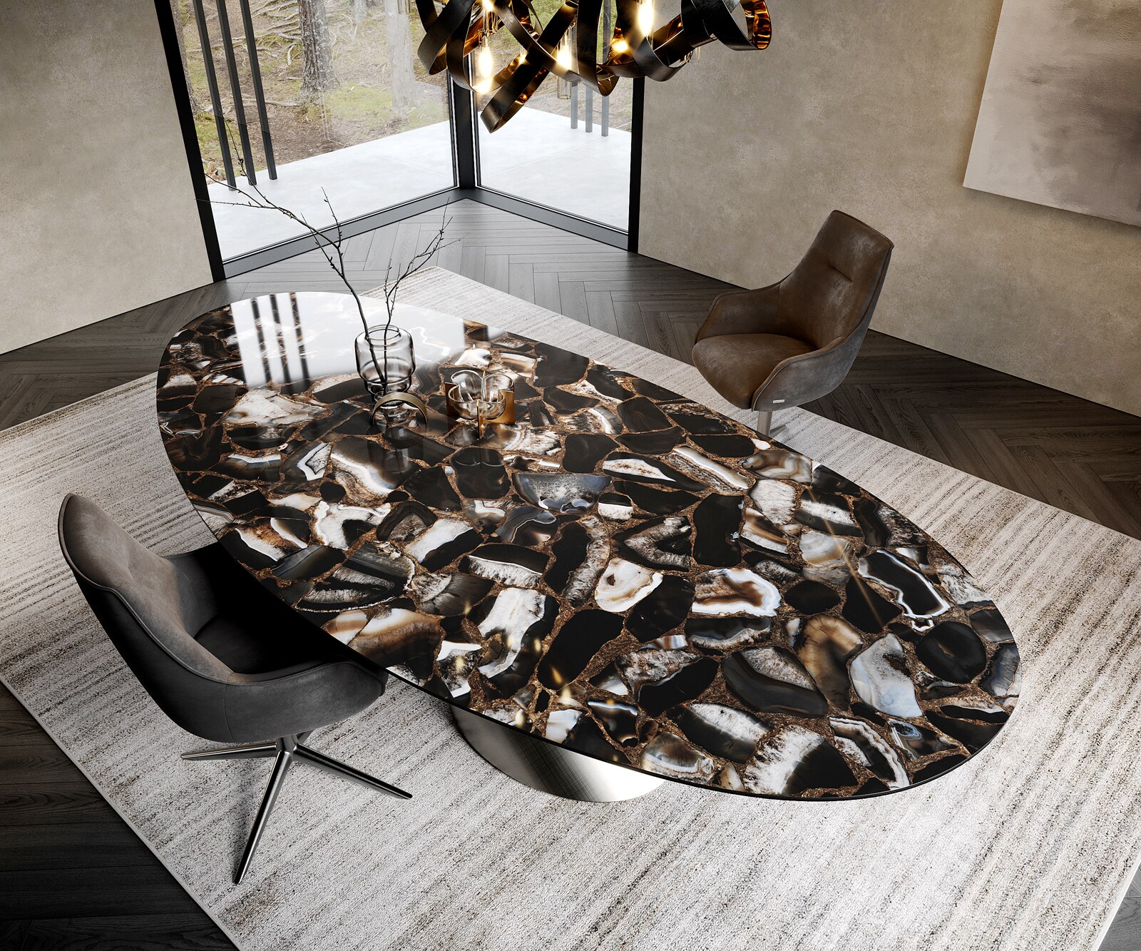 Table à manger Edge ovalee 280x130 céramique Iris FMG Agatablack Cono métallique argent 2