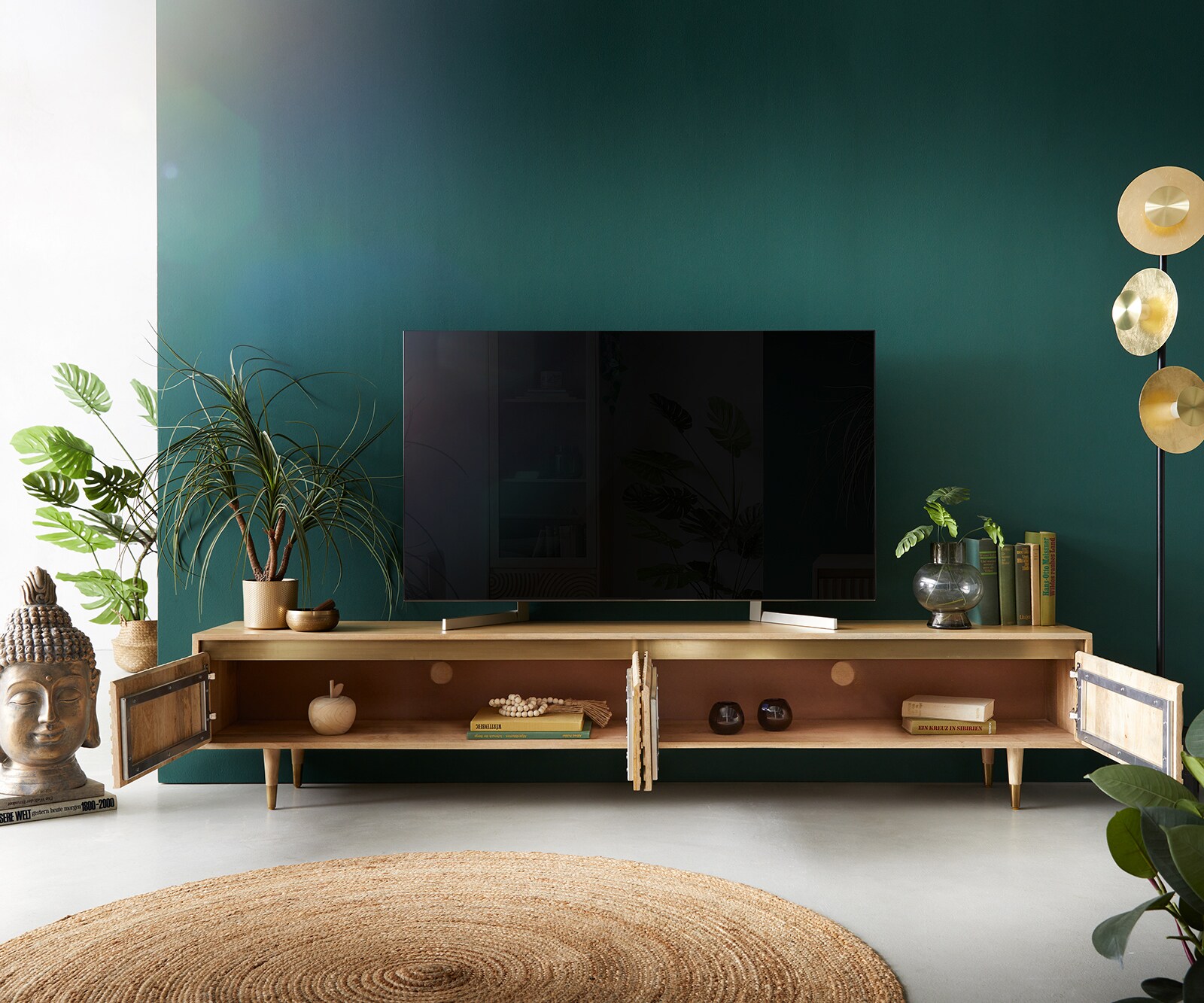 Meuble-TV Budaya 220 cm manguier naturel 4 portes pied conique 3