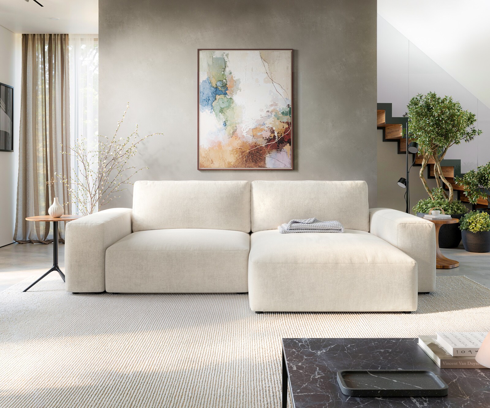Canapé d'angle Lanzo XL 270x180 cm Tissu texturé doux Beige Méridienne modulable 2