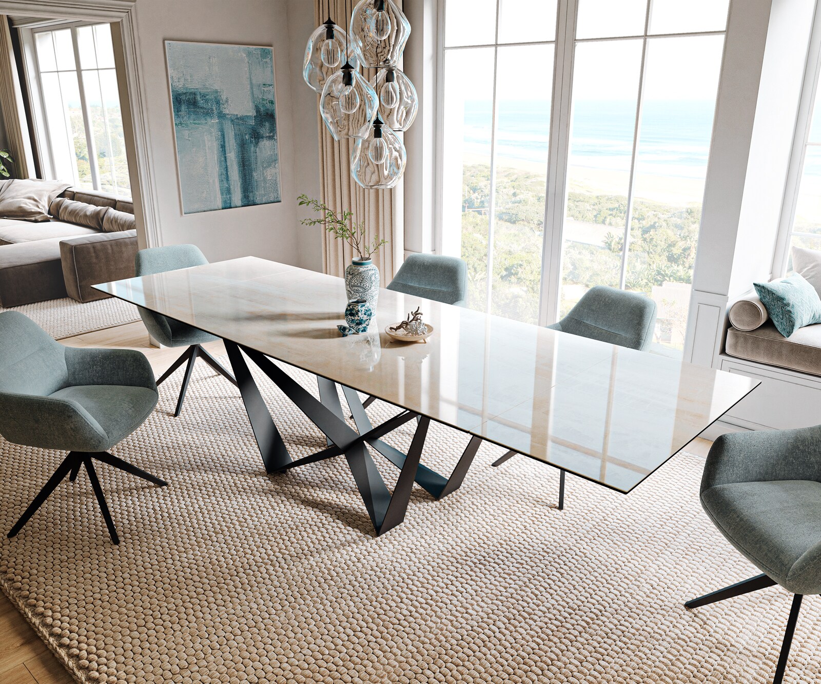 Table à manger extensible Edge 200-300x100 cm céramique Onyx Champagne Spider acier plat noir