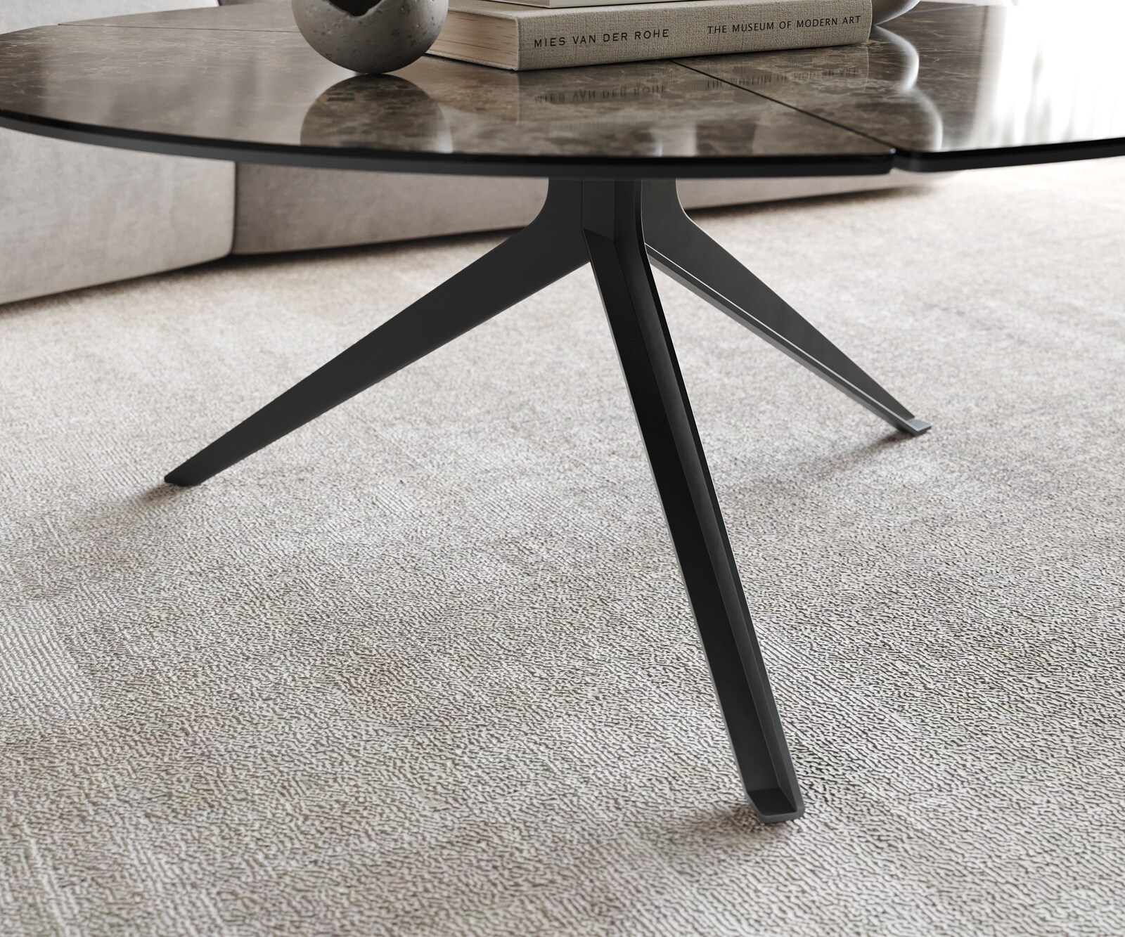 Table-basse Delron 90x90 cm Céramique Emperador Extra Lucidato Marron foncé Pied croisé plat Métal Noir 5