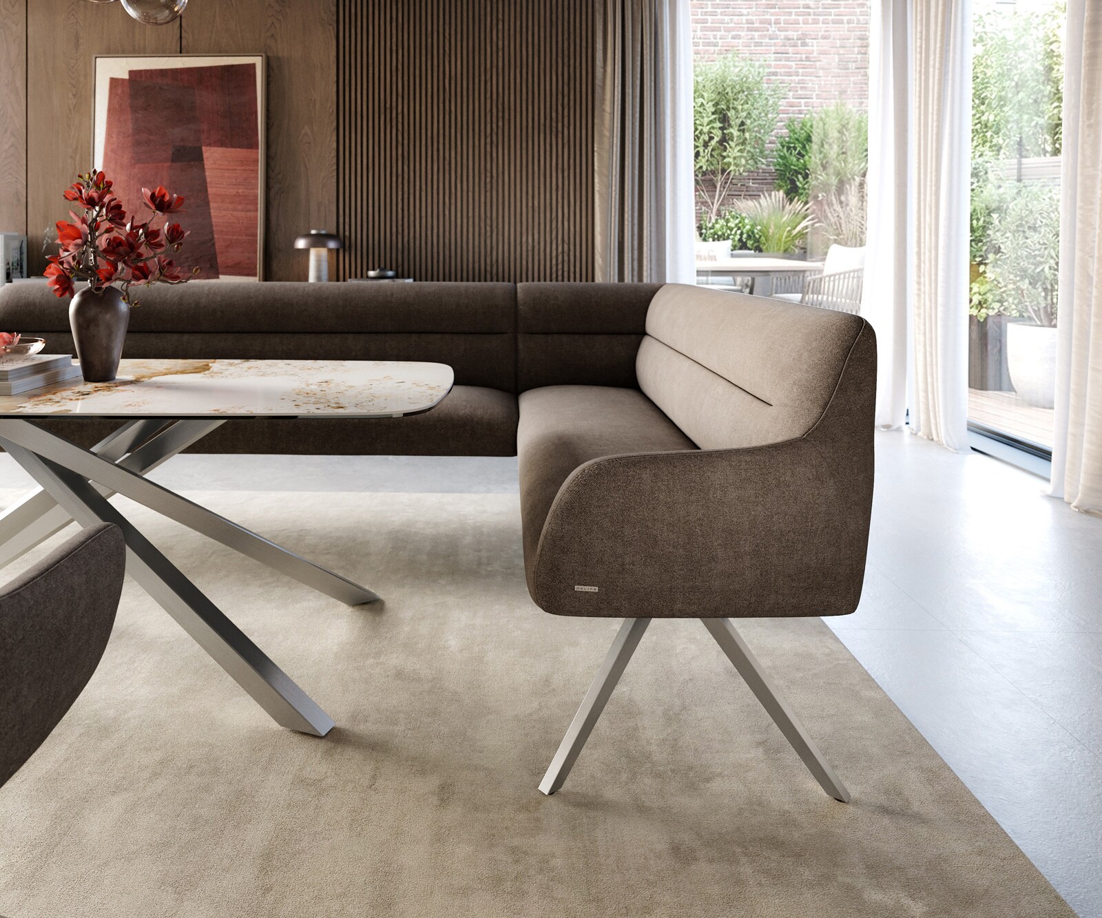 Banc-de-salle-à-manger Taya-Flex 285x190 cm tissu structuré doux taupe pied croisé angulaire acier inoxydable ressort ensaché liens 5