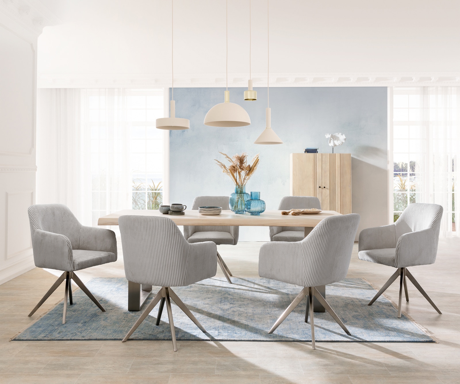 Chaise-de-salle-à-manger Greg-Flex côtelé gris argenté pied croisé angulaire acier inoxydable brossé ressorts ensachés 3 Chaise-de-salle-à-manger Greg-Flex côtelé gris argenté pied croisé angulaire acier inoxydable brossé ressorts ensachés 3