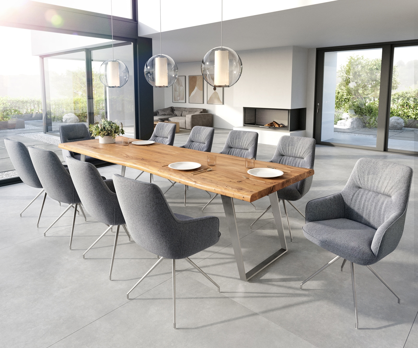 Chaise-de-salle-à-manger Zelia-Flex avec accoudoirs tissu texturé gris clair pied croisé conique acier inoxydable brossé ressorts ensachés 3 Chaise-de-salle-à-manger Zelia-Flex avec accoudoirs tissu texturé gris clair pied croisé conique acier inoxydable brossé ressorts ensachés 3