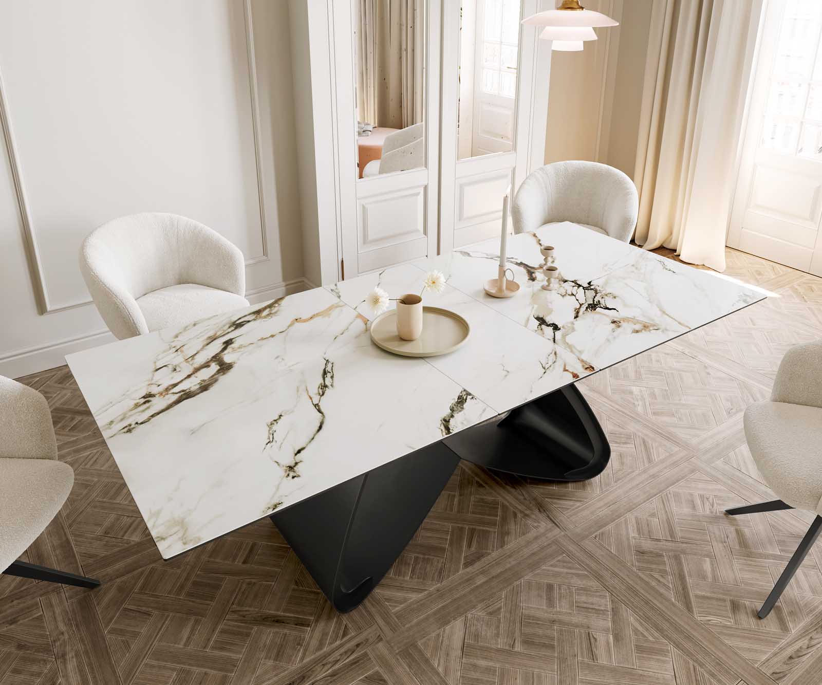 Table à manger Edge 180-220x100 céramique Calacatta Luxe blanc-doré-gris cadre en W noir extensible 6 Table à manger Edge 180-220x100 céramique Calacatta Luxe blanc-doré-gris cadre en W noir extensible 6