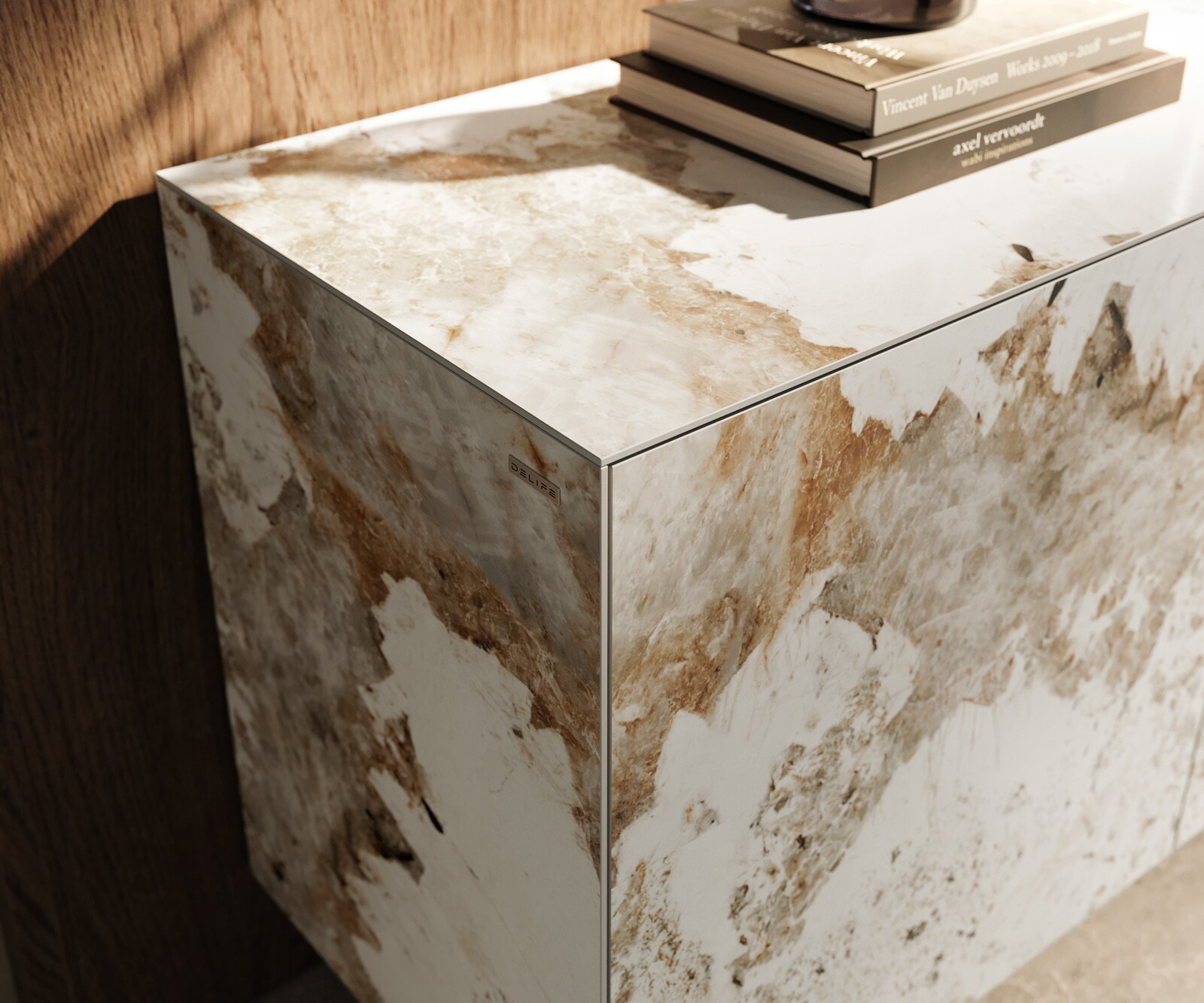 Buffet Cuor 180 cm Céramique Minas Melange Blanc-beige 2 Portes 3 Tiroirs Pied optique flottant Métal Noir 5