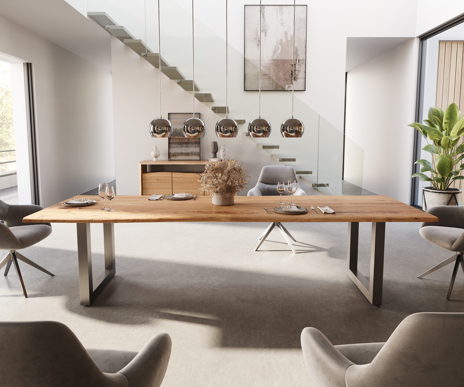 Table-à-manger Edge 300x100 acacia nature acier inoxydable large Live-Edge 1