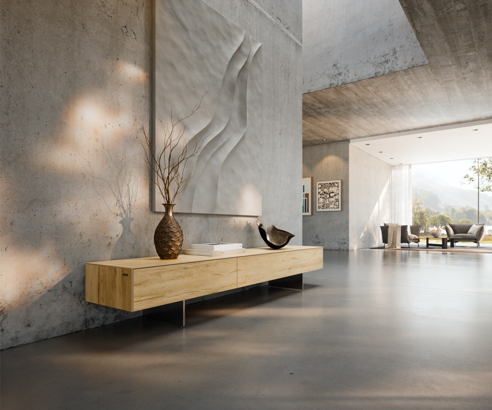 Meuble-TV Cuor 200 cm Céramique Laminam® Sabbia Teinte chêne 1 Clapet 1 Tiroir Pied optique flottant Ancier inoxydable