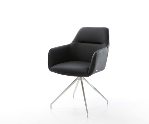 Chaise-de-salle-à-manger Pejo-Flex cuir de vache noir pied croisé conique acier inoxydable brossé ressorts ensachés
