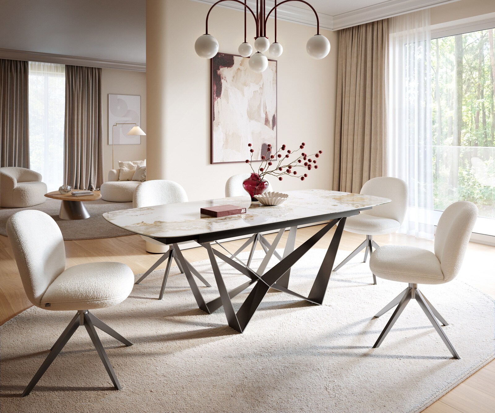Table à manger Edge Boot 180-220x100 cm Céramique Minas Melange Blanc-Beige Spider Flachstahl Acier inoxydable Graphite extensible 1