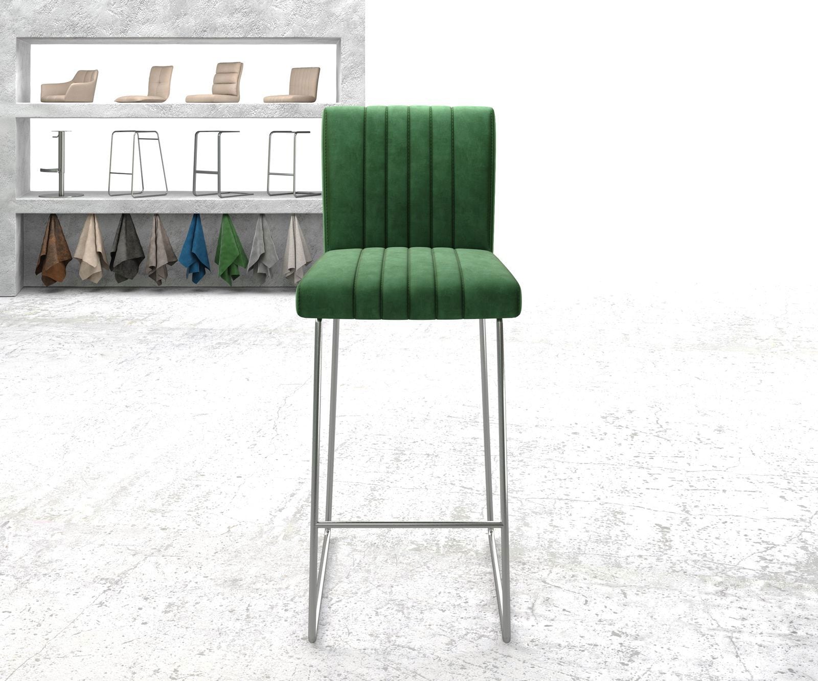Chaise-de-bar Luiga-Flex velours vert cadre de patins acier inoxydable 1 Chaise-de-bar Luiga-Flex velours vert cadre de patins acier inoxydable 1