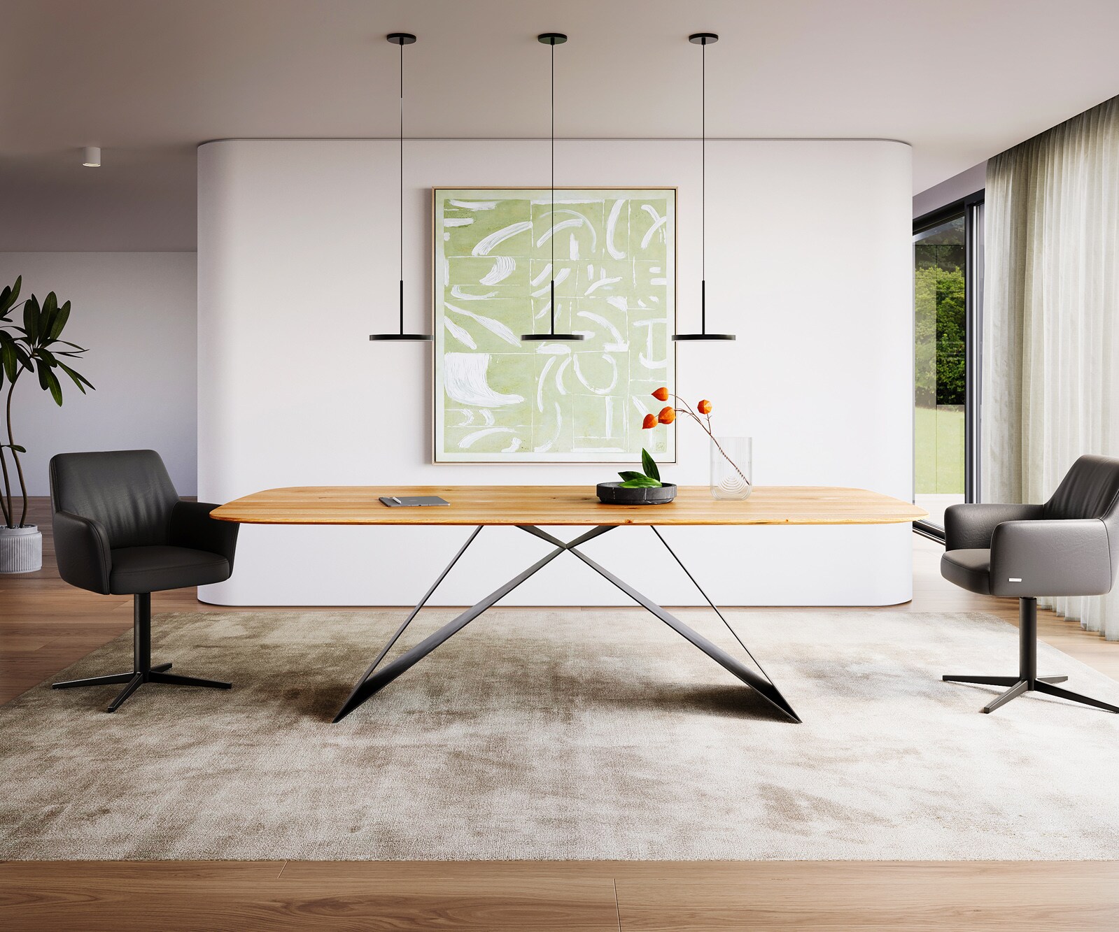 Table à manger Edge Boot 240x120x2,5-3 chêne naturee cadre en V acier plat noir bord suisse