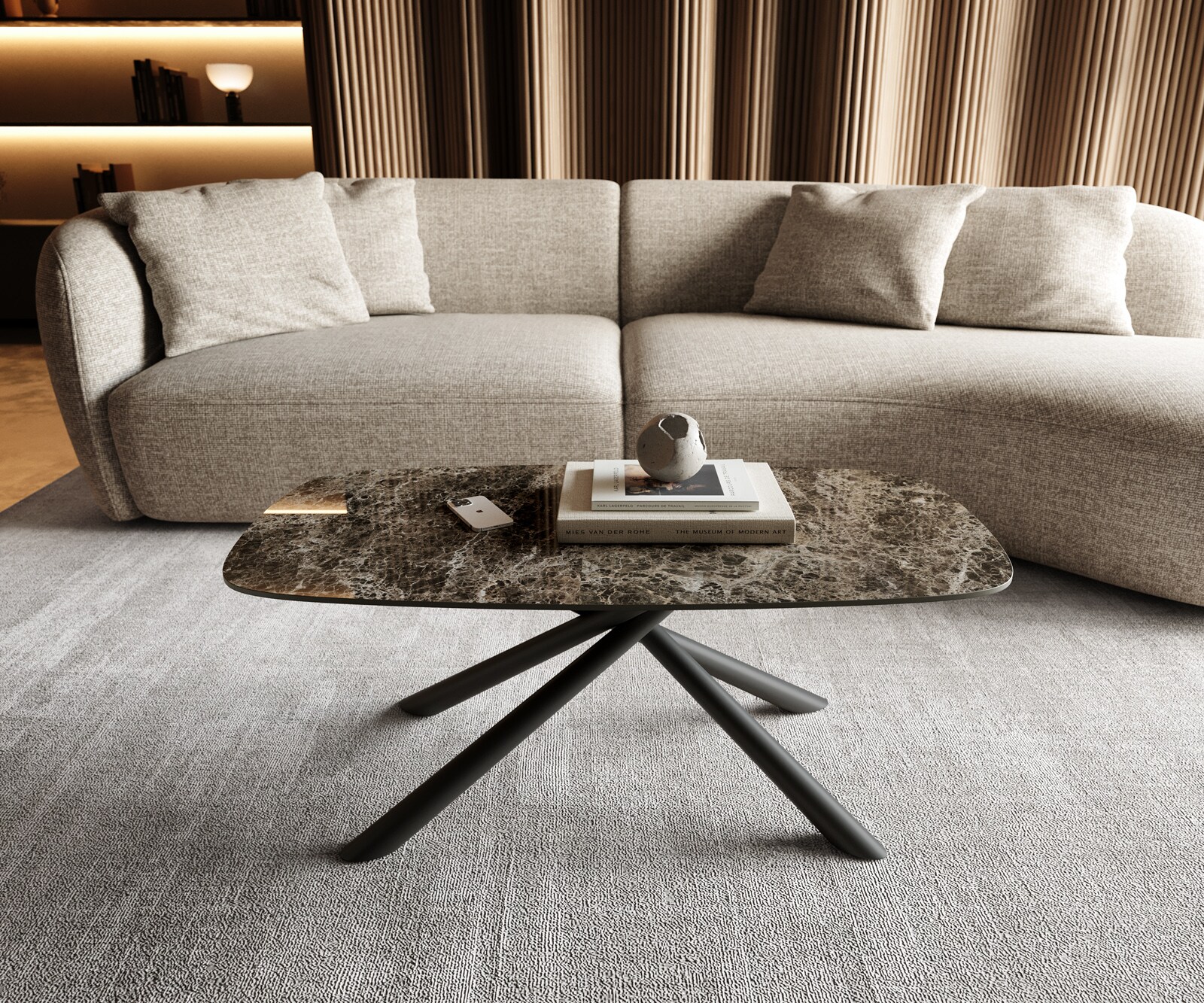 Table basse Edge bateau 100x50 cm céramique Emperador Extra Lucidato brun foncé Sarity métal noir 1