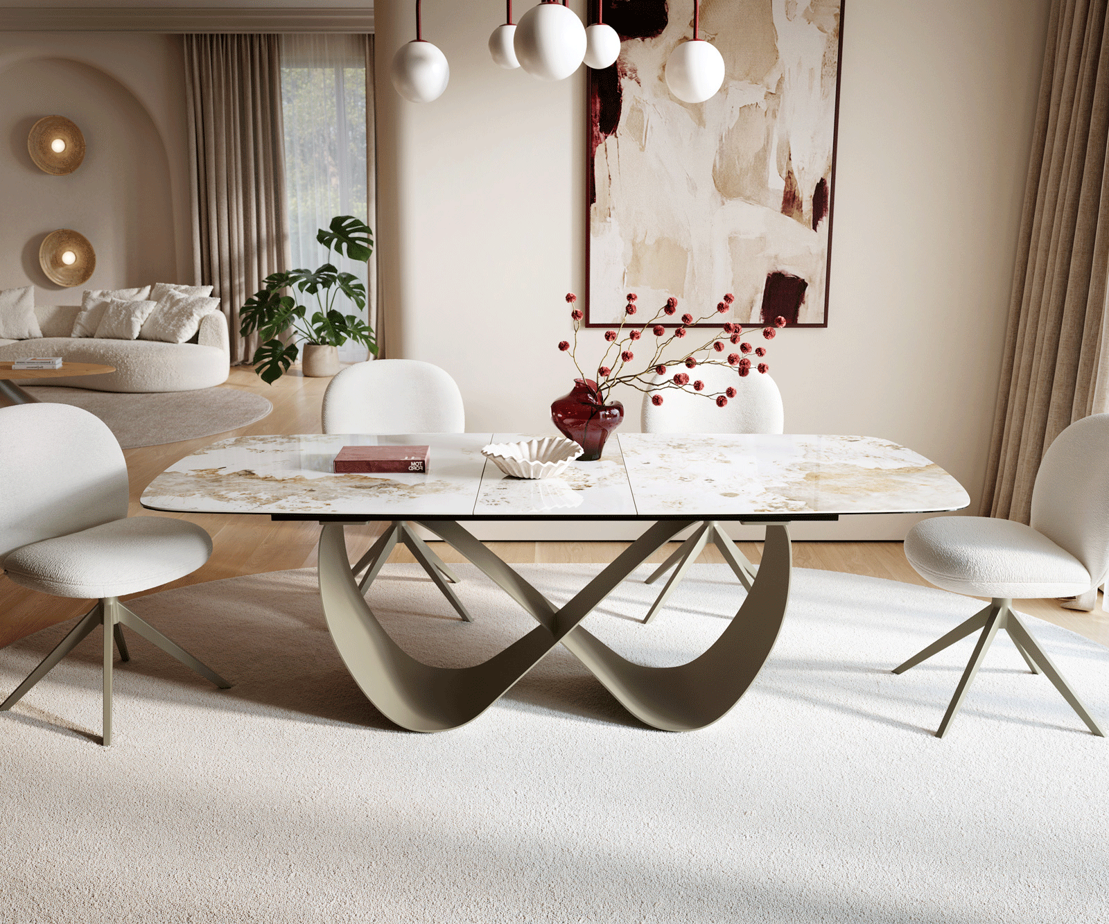 Table à manger Edge 180-220x100cm Céramique Minas Mélange Blanc-Beige Infinity Métal Effet Titane Extensible 2