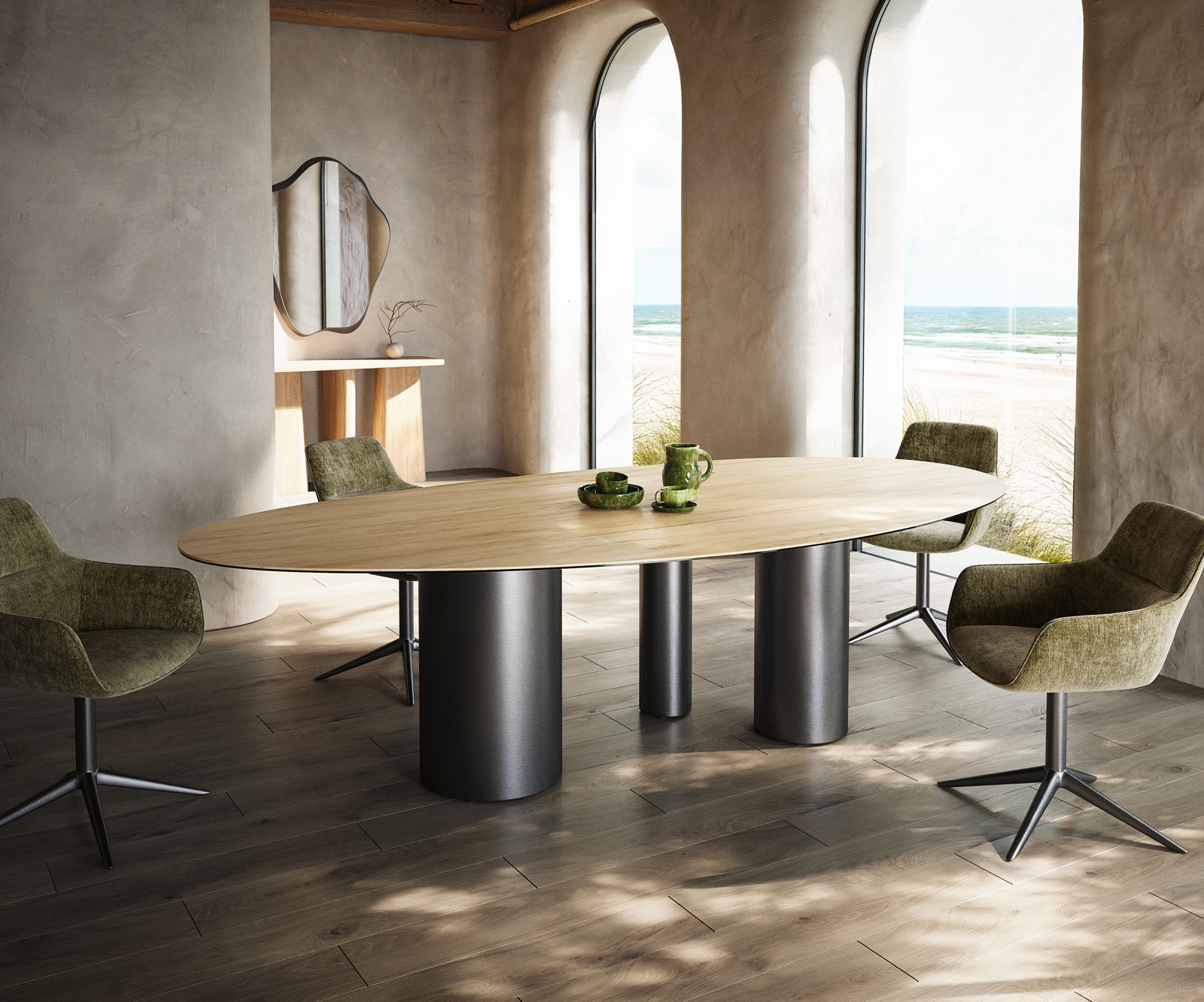 Table à manger Edge Ovale 280x130 Céramique Laminam® Sabbia Couleur chêne Troa Acier inoxydable Graphite 1