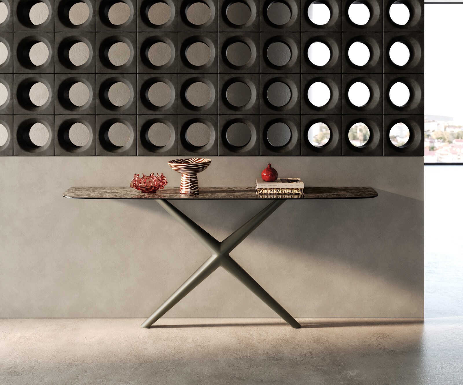 Console Edge forme bateau 180x40 cm Céramique Emperador Extra Lucidato Dunkelbraun Estelo Métal Effektfinish Titan 1