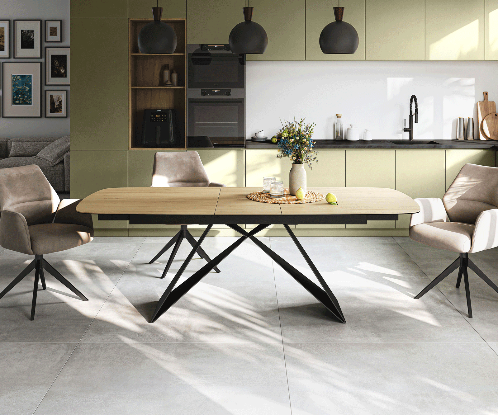 Table à manger Edge Boot 180-220x100 cm Céramique Laminam® Sabbia Eichefarbig piètement en V Flachstahl Noir extensible 2