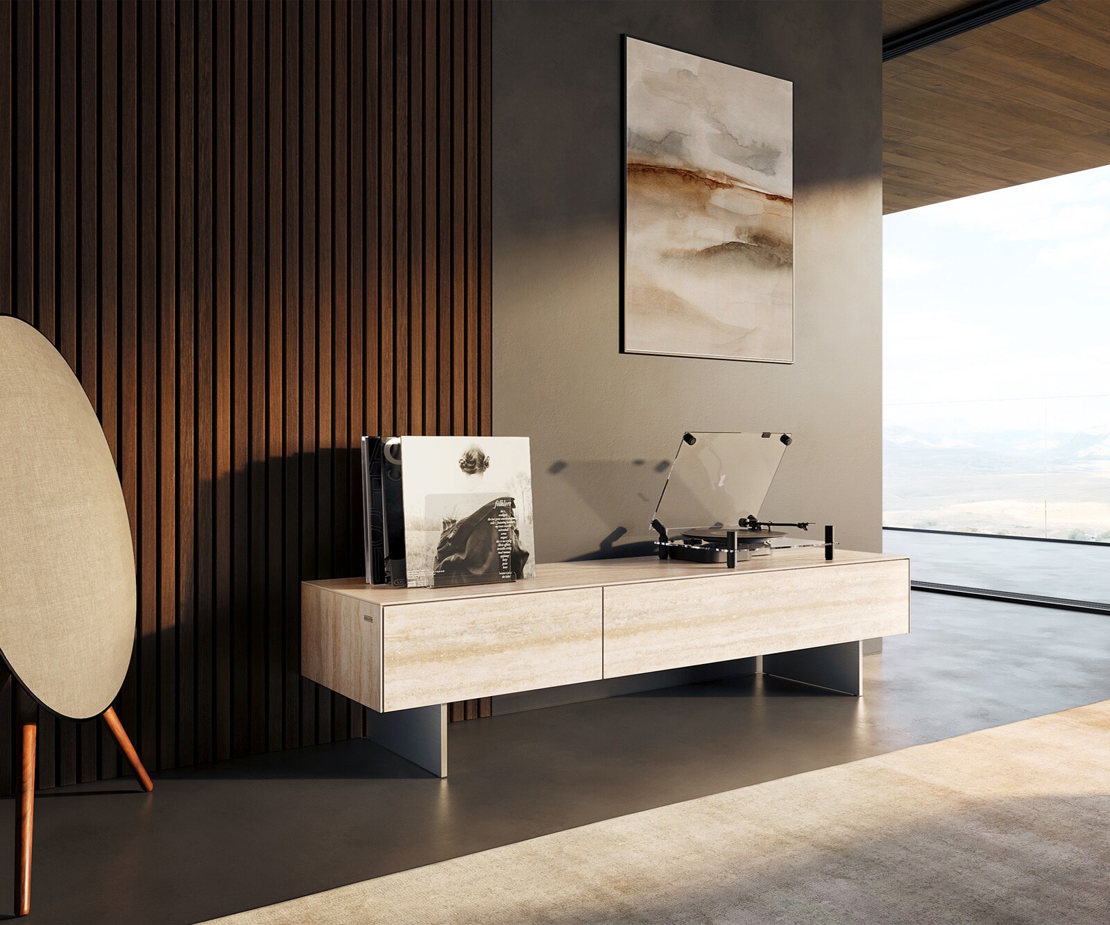 Meuble-TV Cuor 150 cm Céramique Laminam® Travertino Bianco Crème-blanc 1 Clapet 1 Tiroir Pied optique flottant Ancier inoxydable
