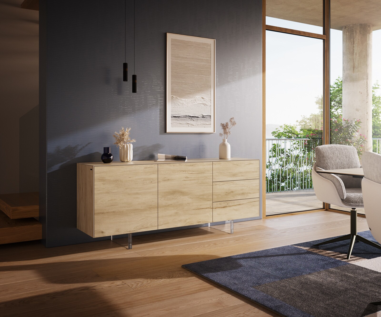 Buffet Cuor 180 cm Céramique Laminam® Sabbia Teinte chêne 2 Portes 3 Tiroirs Pied optique flottant Verre acrylique 1