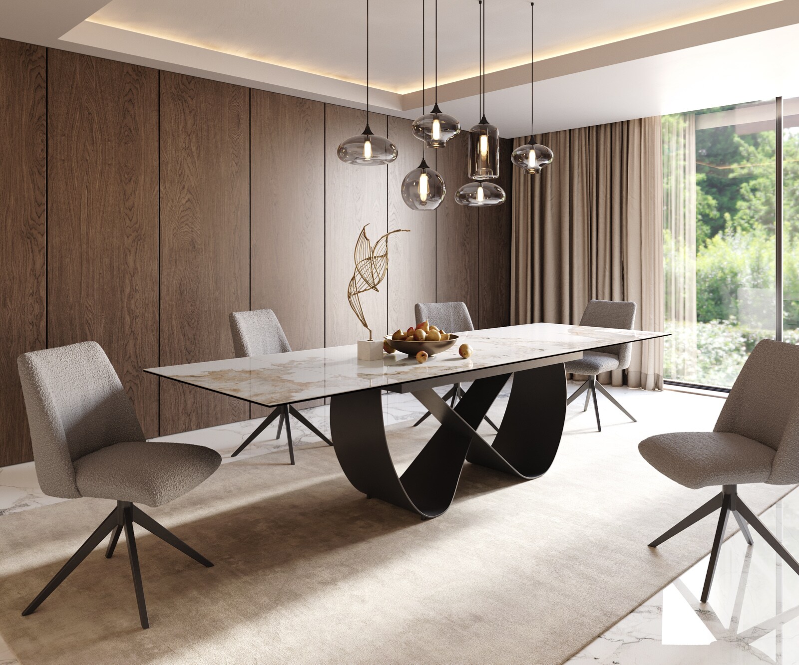 Table à manger Edge 200-300x100 cm Céramique Minas Melange Blanc-Beige Infinity Métal Noir extensible 5