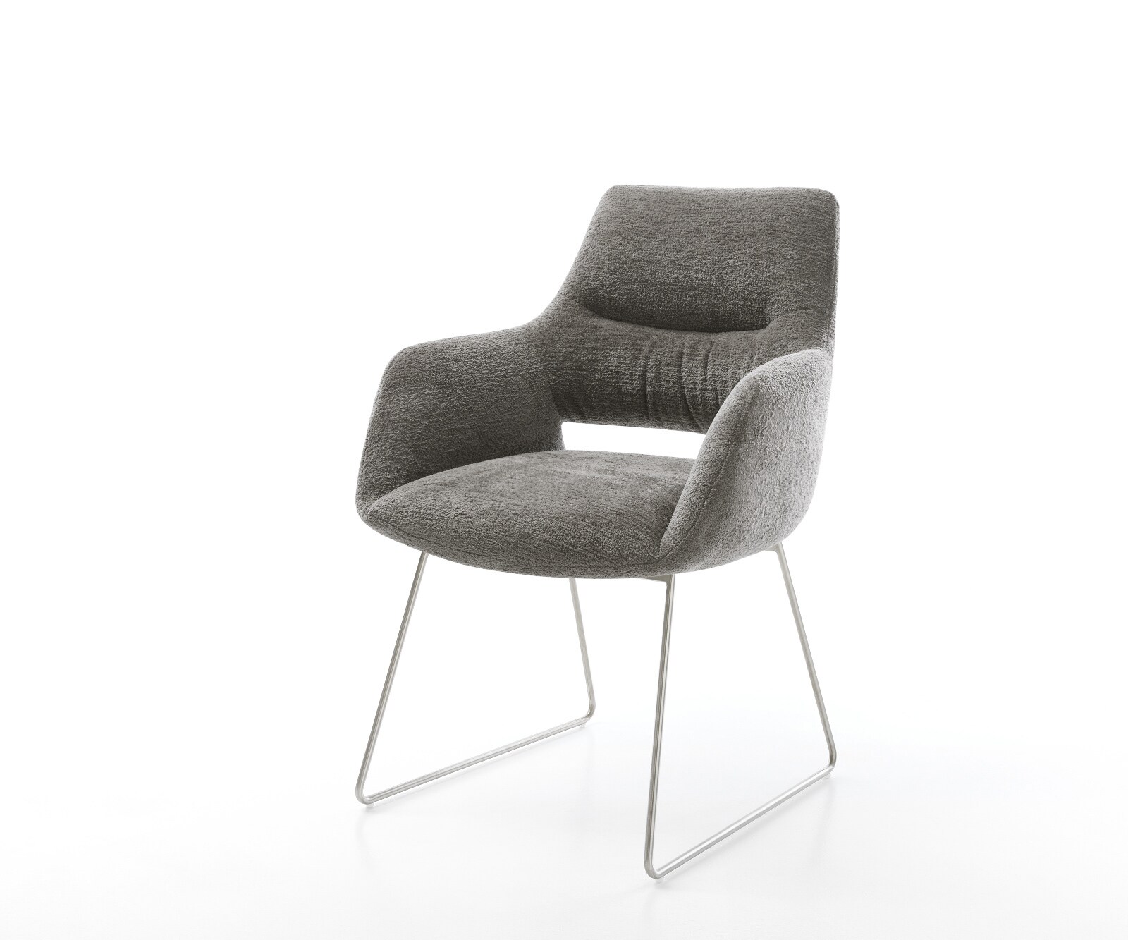 Chaise-de-salle-à-manger Yago-Flex avec accoudoirs bouclé doux couleur boue pied trapèze acier inoxydable resorts ensachés 1