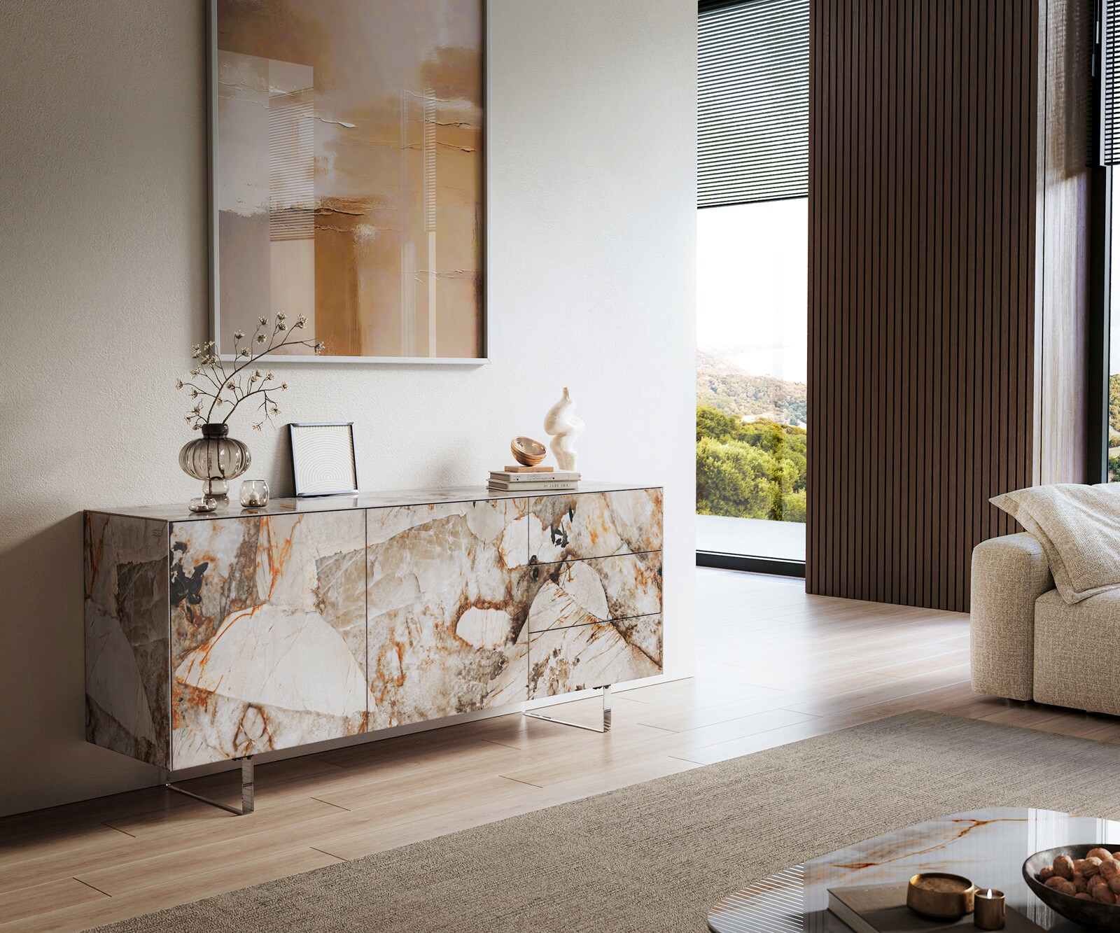 Buffet Cuor 180 cm Céramique Patagonia raffinée 2 Portes 3 Tiroirs Pied optique flottant Verre acrylique 1