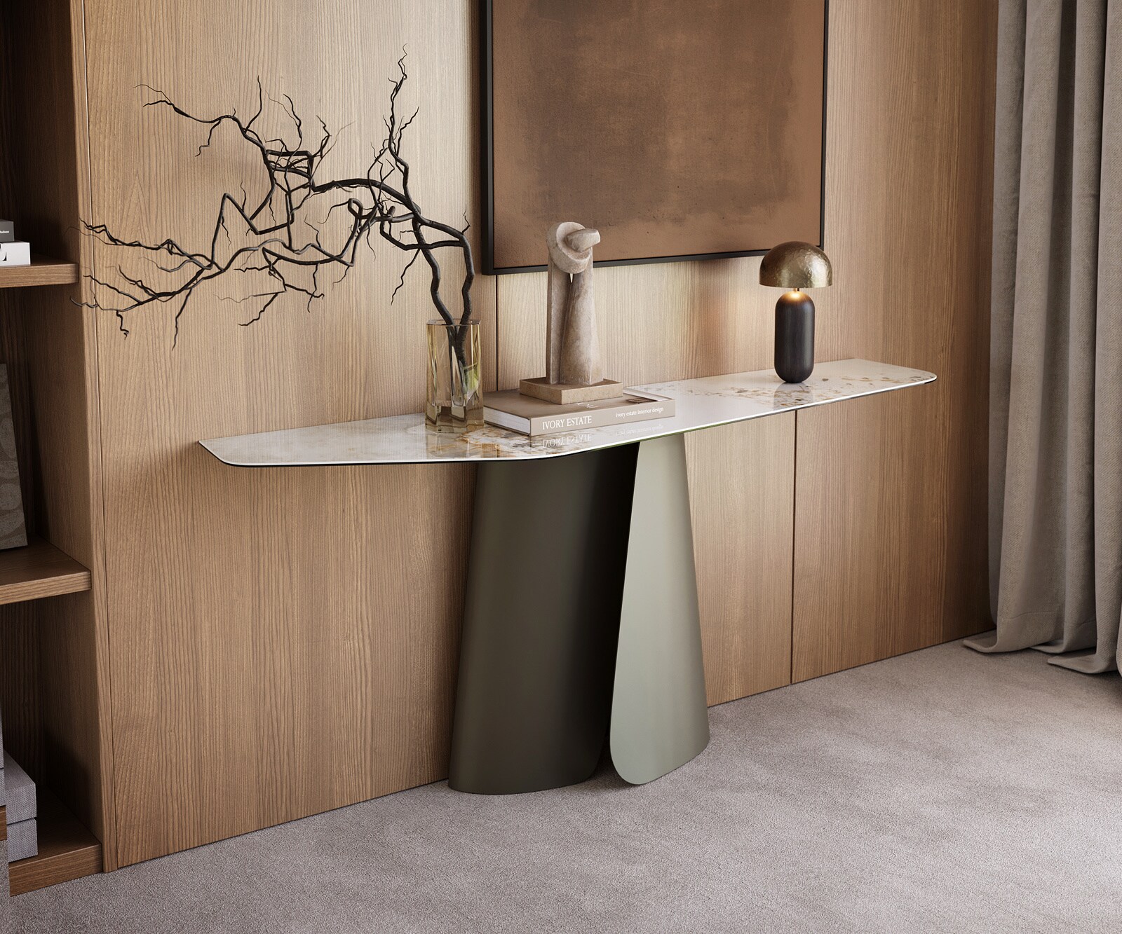 Console Edge Polygonal 180x50 cm Céramique Minas Melange Weiß-Beige Livos Métal Effektfinish Titan 1
