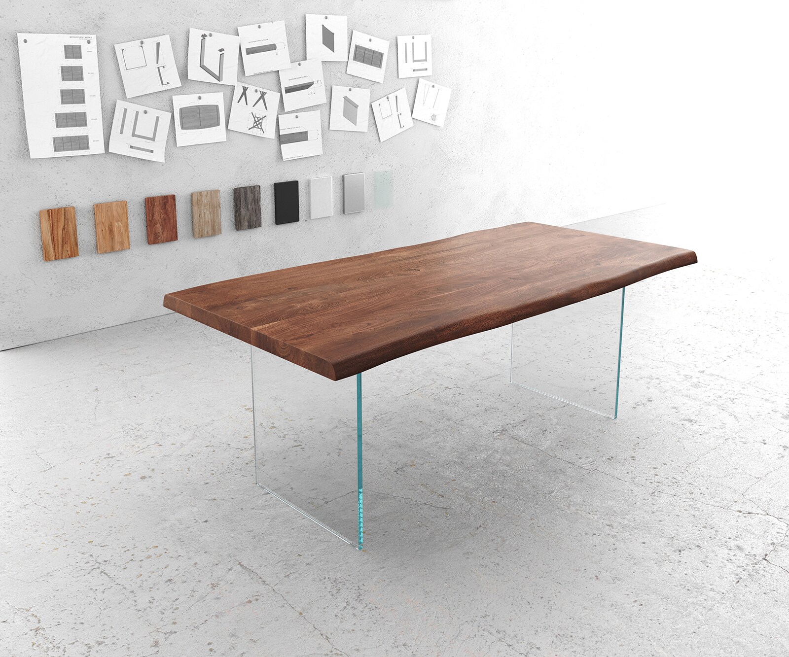 Table-à-manger Edge 200x100cm XL acacia marron verre Live-Edge