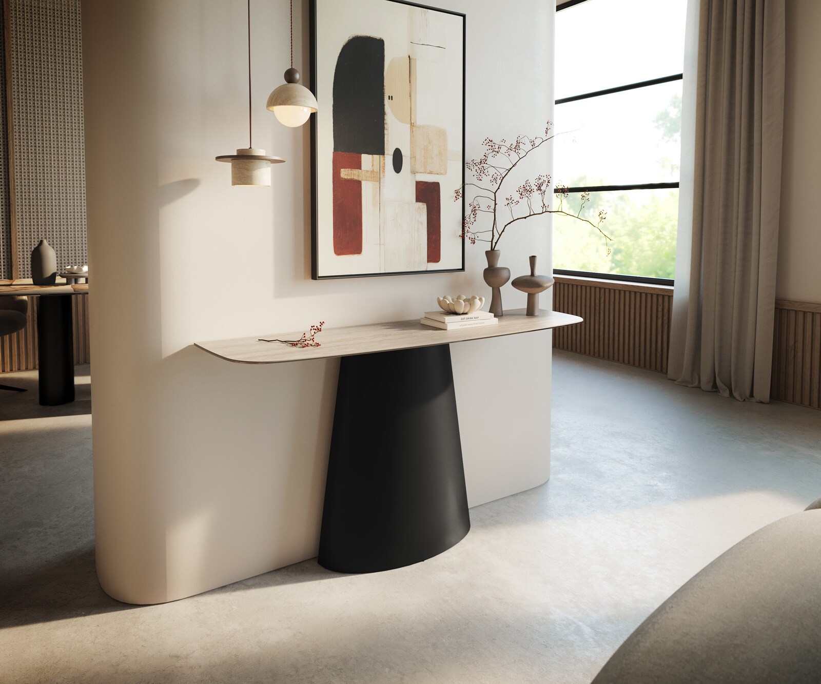 Console Edge forme bateau 140x40 cm Céramique Laminam® Travertino Bianco Creme-Weiß Conos Métal Noir 1
