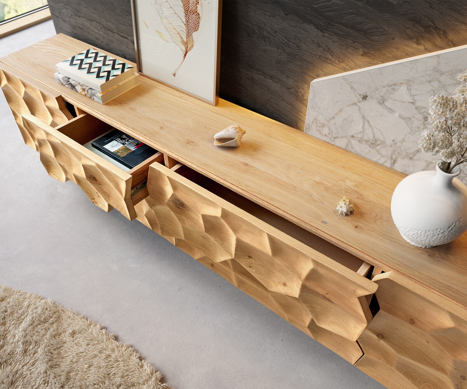 Meuble TV Solu 220 cm chêne naturel 2 portes 4 tiroirs pieds profilés métal noir face avant en 3D 3