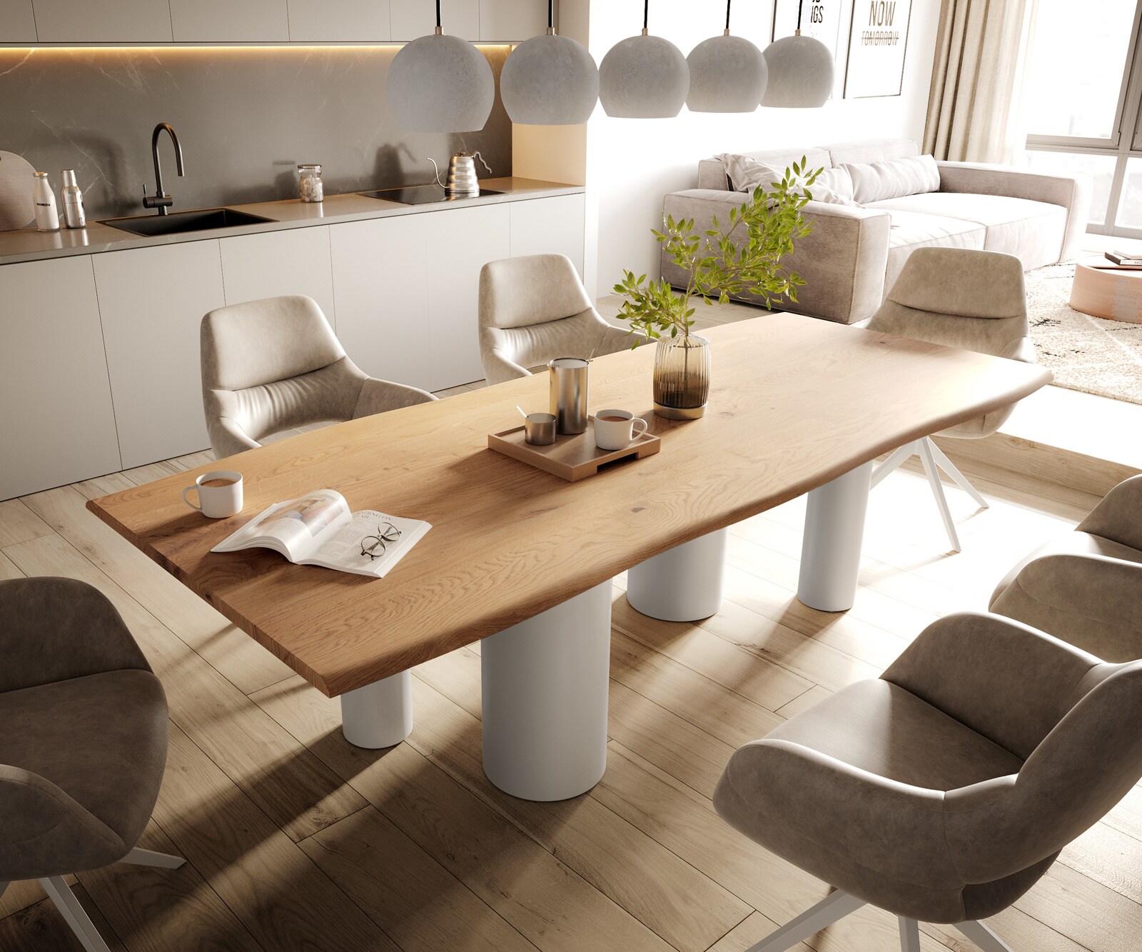 Table à manger Edge 260x100x2,5-3 Chêne Nature Pilier Métal Blanc Live-Edge 1
