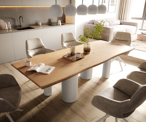 Table à manger Edge 260x100x2,5-3 Chêne Nature Pilier Métal Blanc Live-Edge