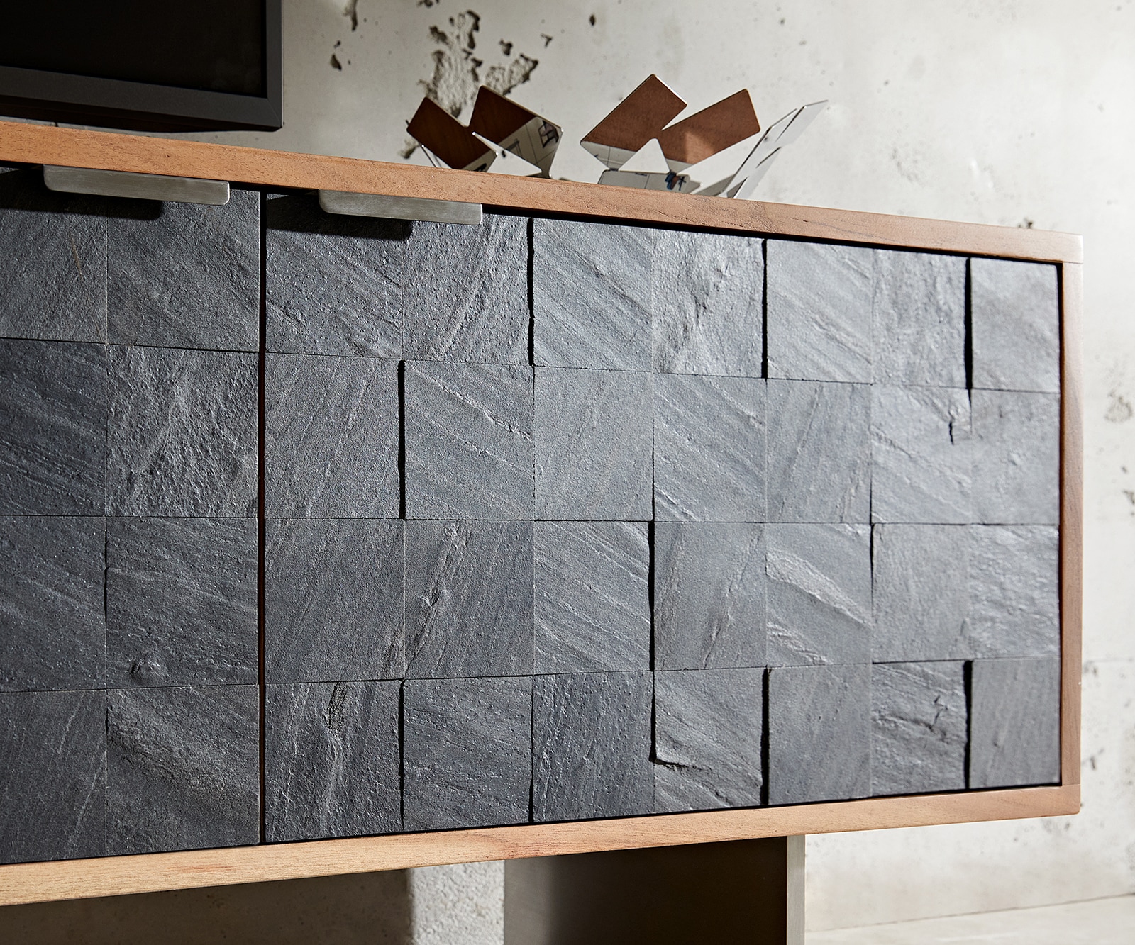 Meuble-TV Teele 220 cm acacia naturel ardoise 4 portes pied flottant inoxydable 4 Meuble-TV Teele 220 cm acacia naturel ardoise 4 portes pied flottant inoxydable 4