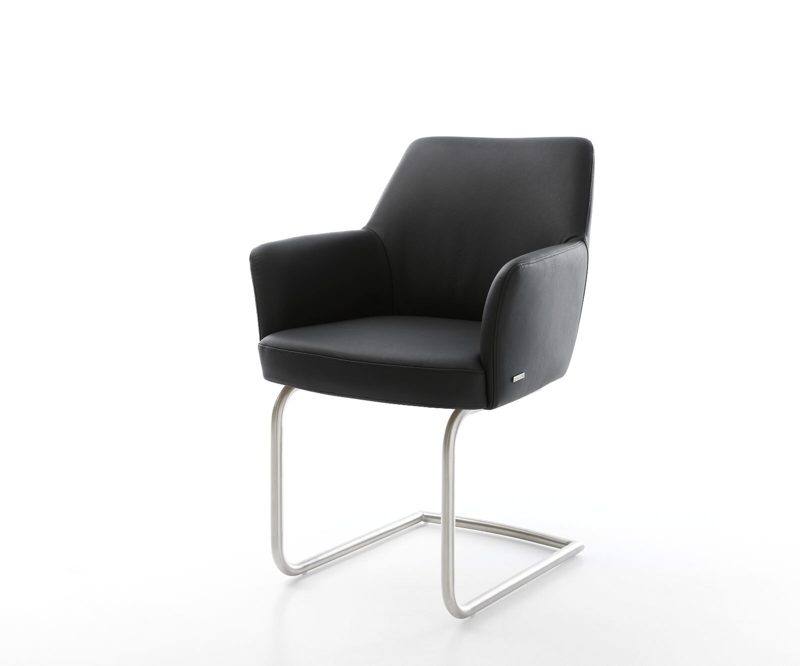 Cantilever Xana-Flex avec accoudoirs cuir de vache noir pied cantilever rond acier inoxydable brossé ressorts ensachés 1