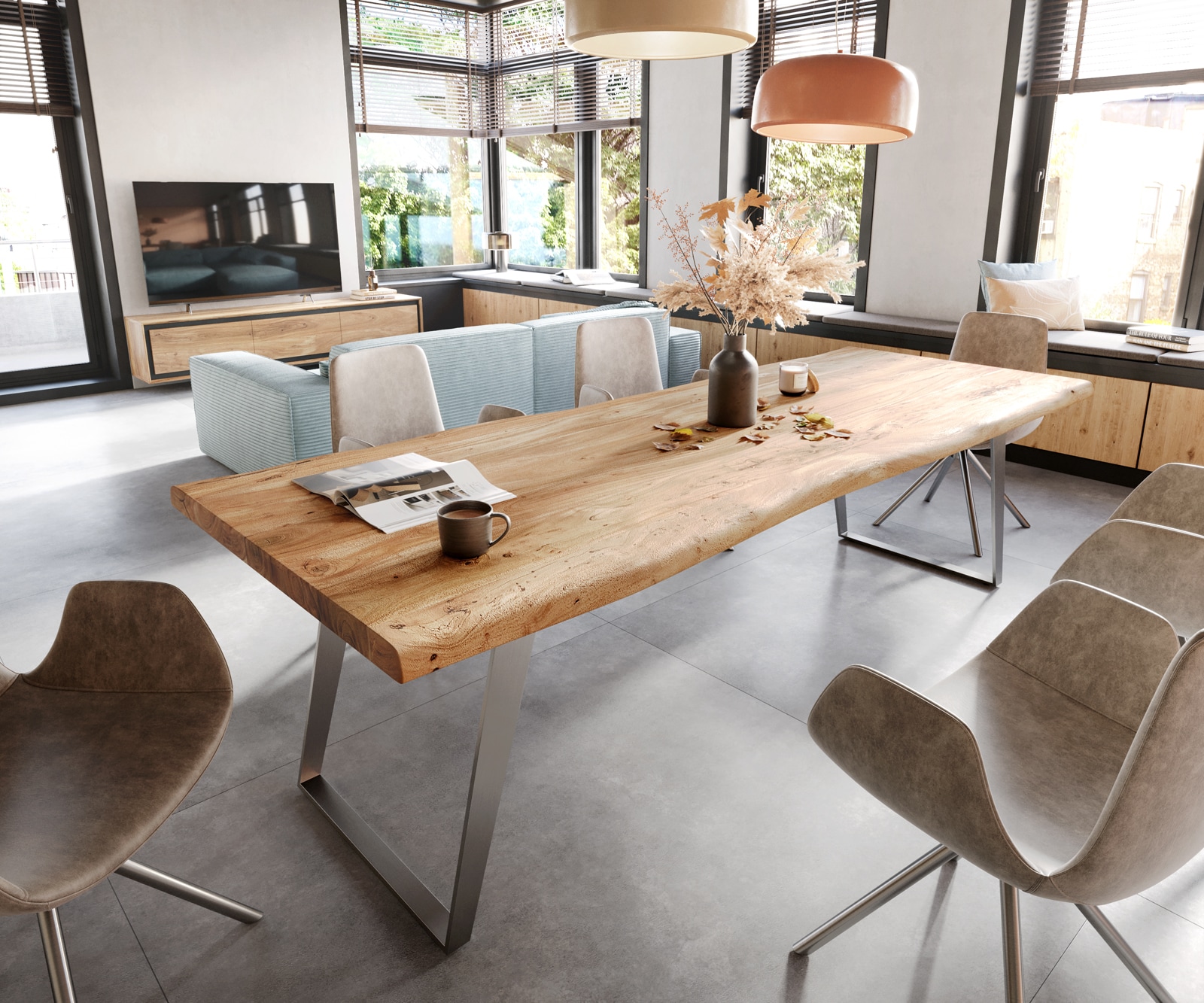 Table-à-manger Edge 260x100cm XL acacia nature acier inoxydable argent incliné Live-Edge 1