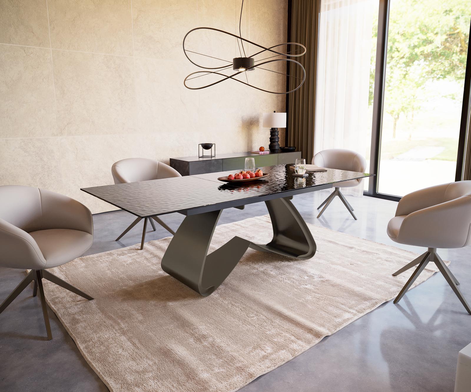 Table à manger Edge 180-220x100 verre fondu noir fumé relief en 3D cadre en W Effektfinish Titan extensible 5 Table à manger Edge 180-220x100 verre fondu noir fumé relief en 3D cadre en W Effektfinish Titan extensible 5