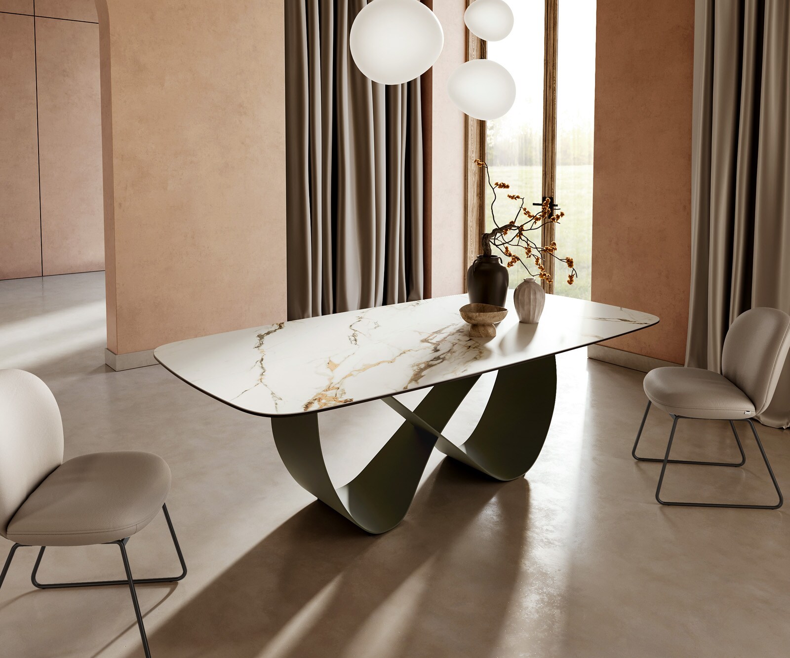 Table à manger Edge Boot 240x120cm céramique Calacatta Luxe blanc-doré-gris Infinity métal effet titane 1