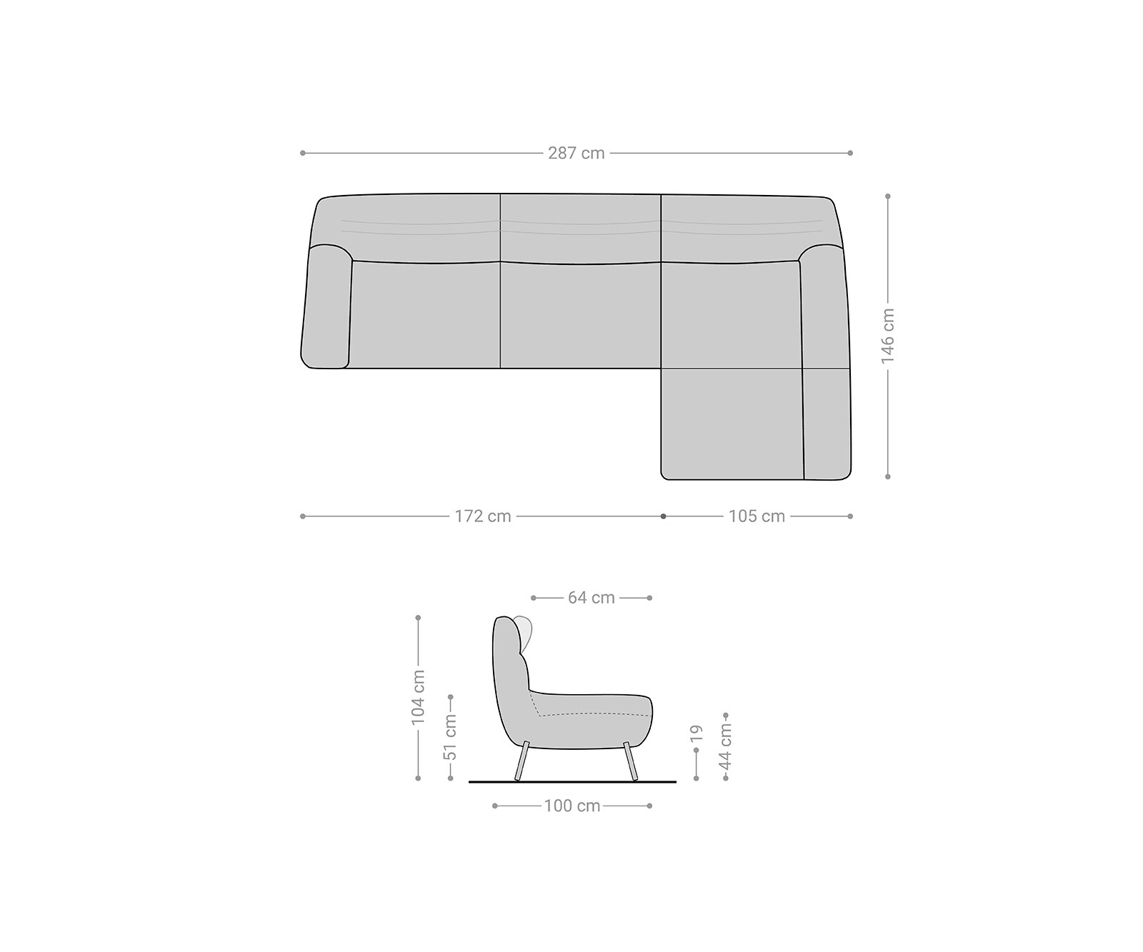 Canapé-d'angle Shape High 305x160 chaise longue noire à droite de la marque ES 6