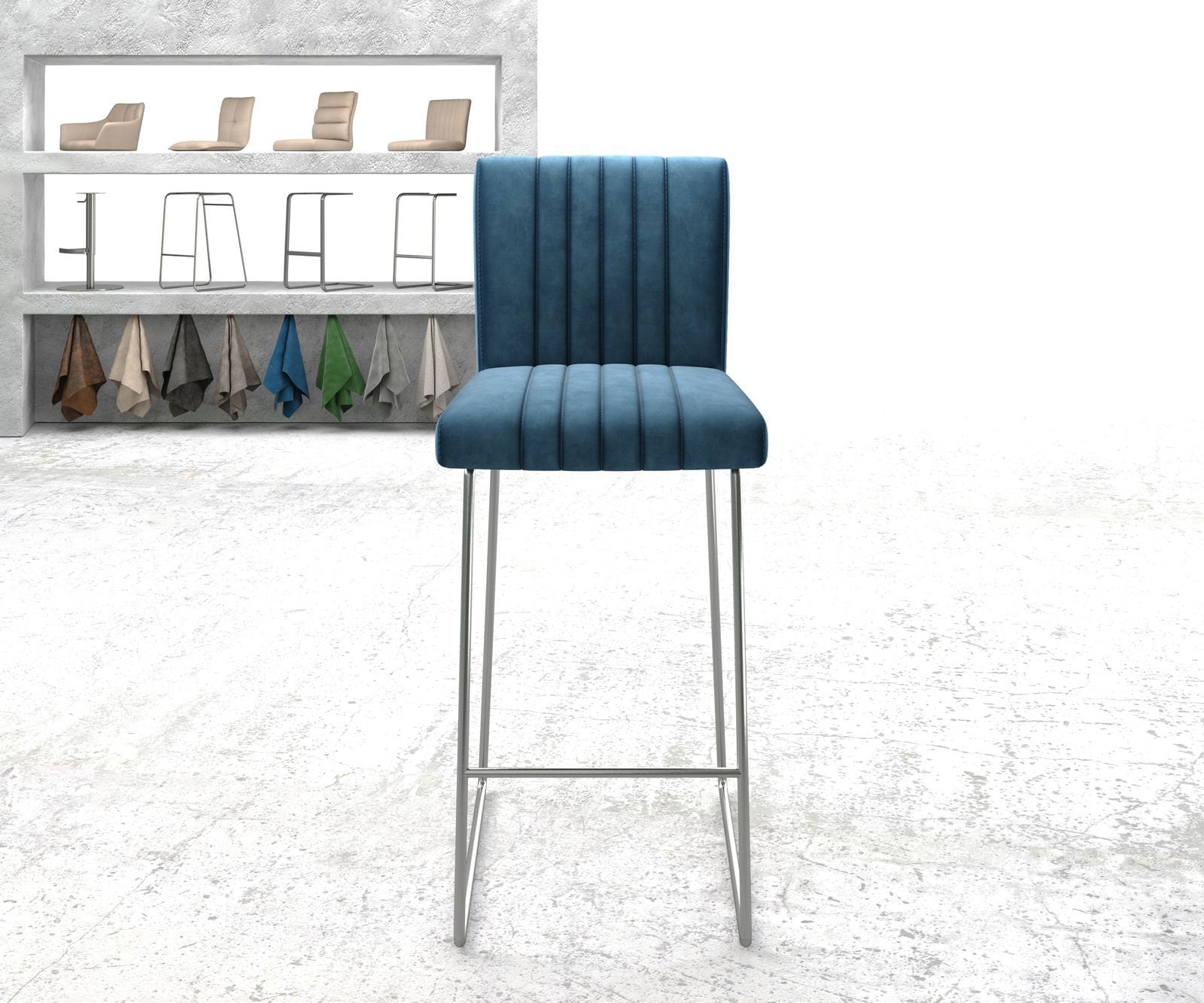 Chaise-de-bar Luiga-Flex velours bleu cadre de patins acier inoxydable 1 Chaise-de-bar Luiga-Flex velours bleu cadre de patins acier inoxydable 1